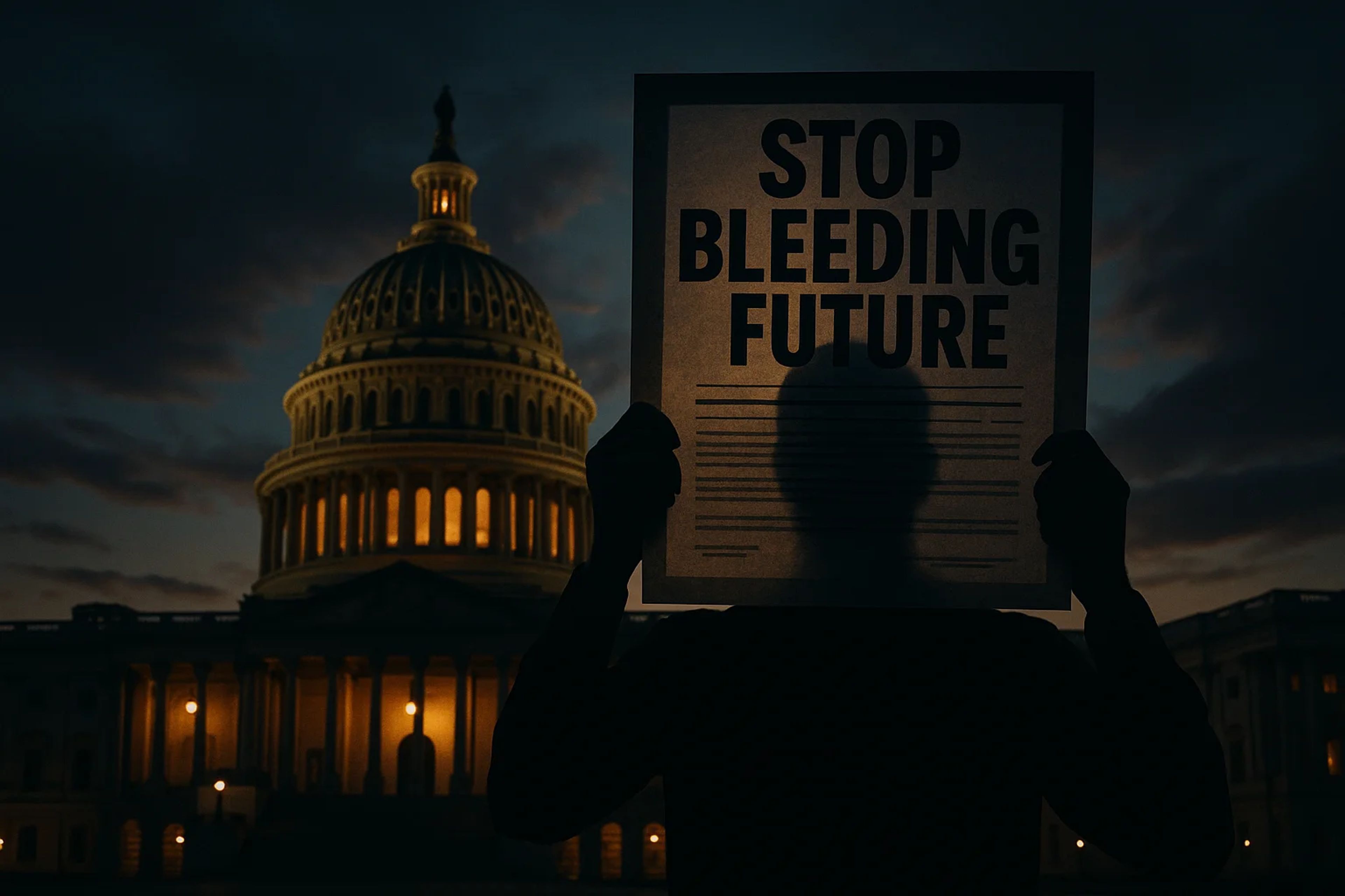 Silhouette of a person holding a sign in front of