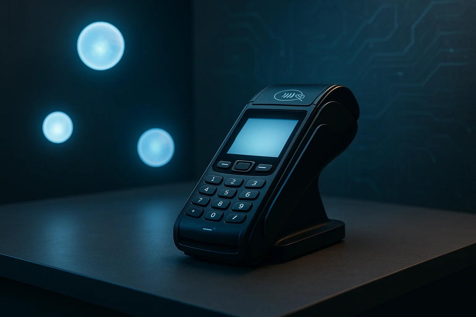 A black payment terminal on a dark surface with