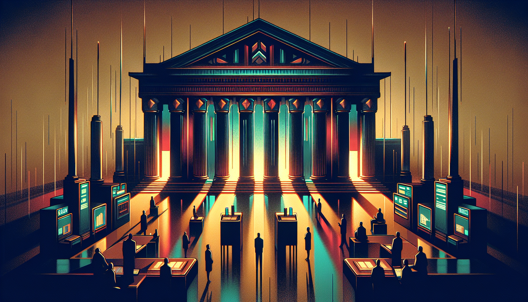 A stylized architectural structure with tall