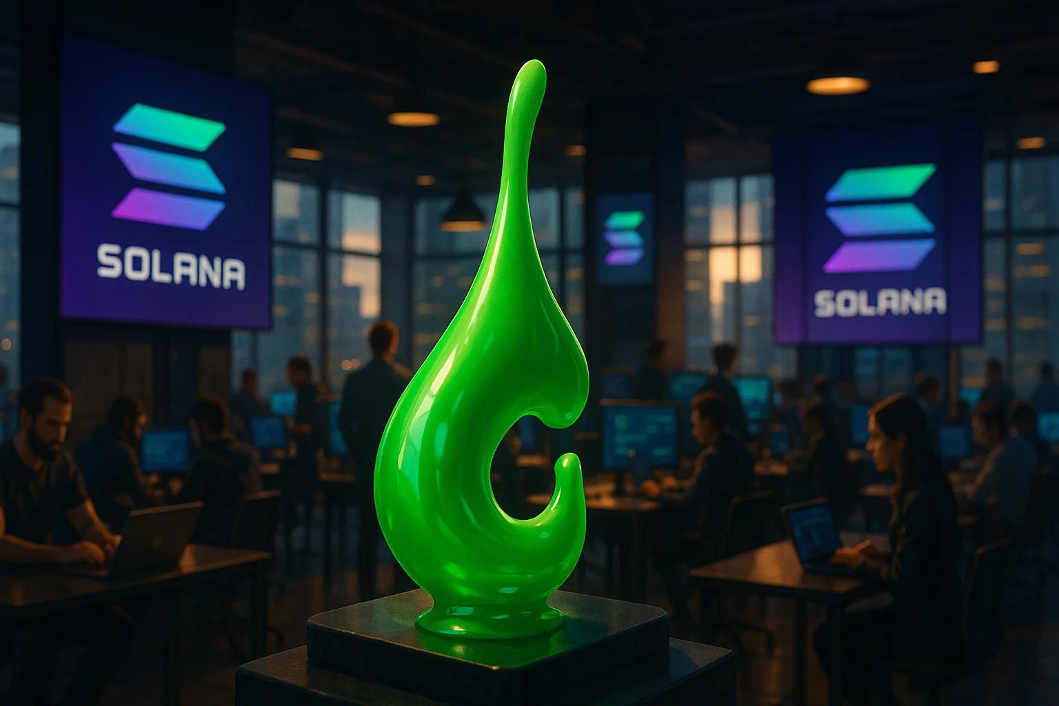 A glowing green sculpture in a tech workspace