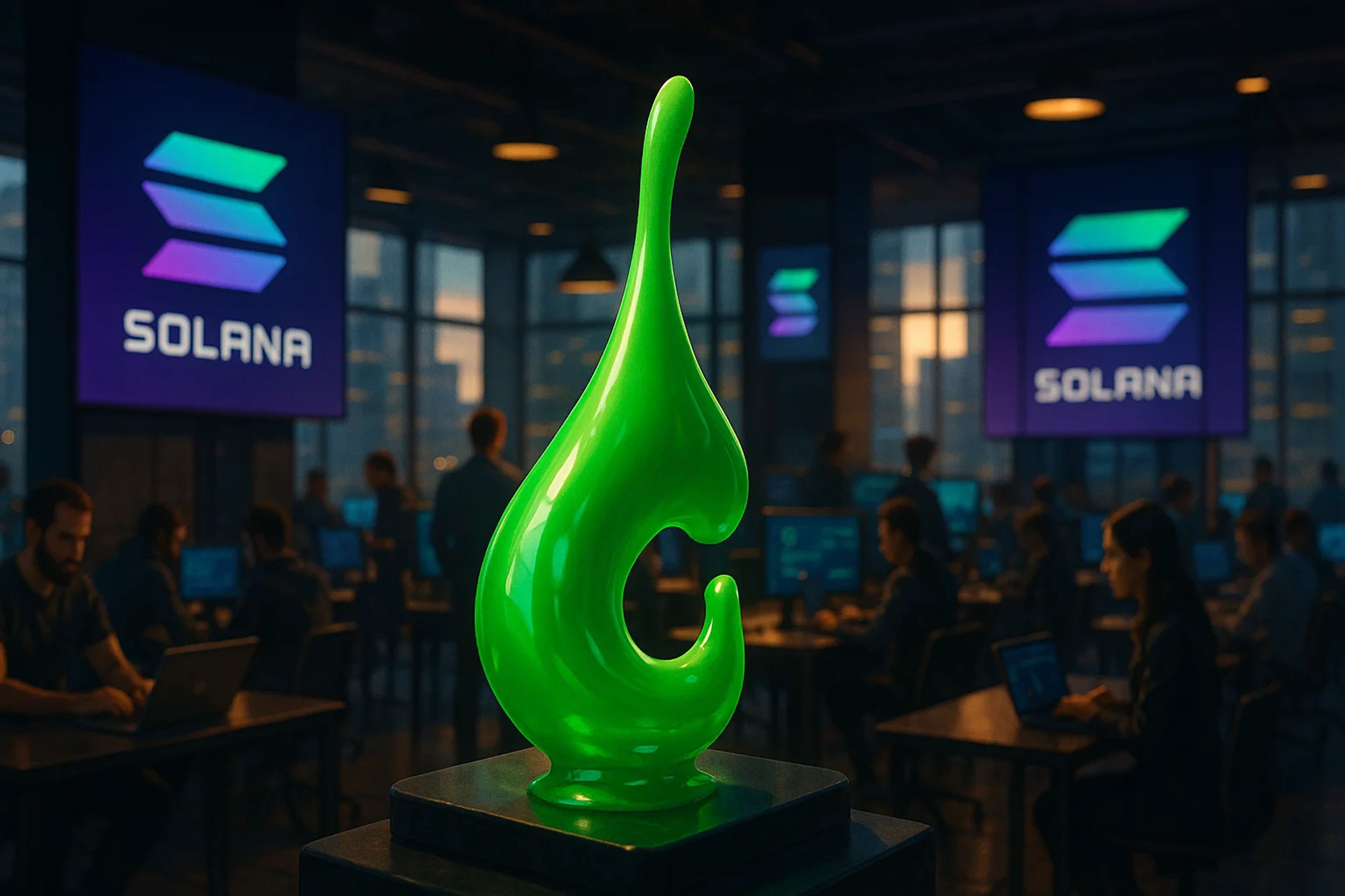 A glowing green sculpture in a tech workspace