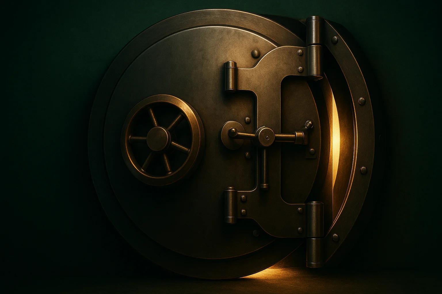 Large, metallic safe with a round handle and