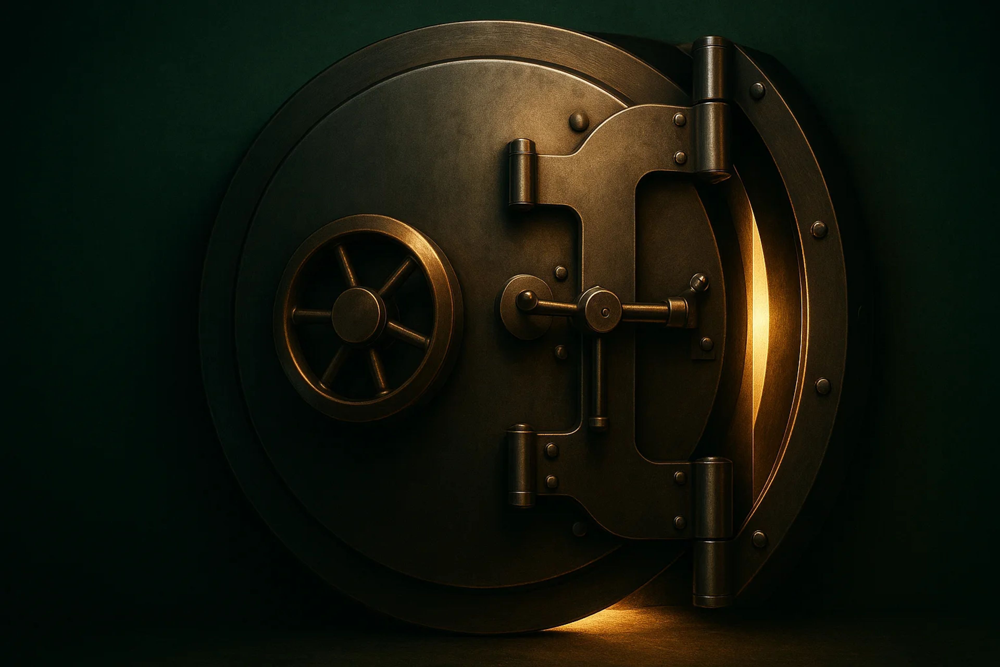 Large, metallic safe with a round handle and