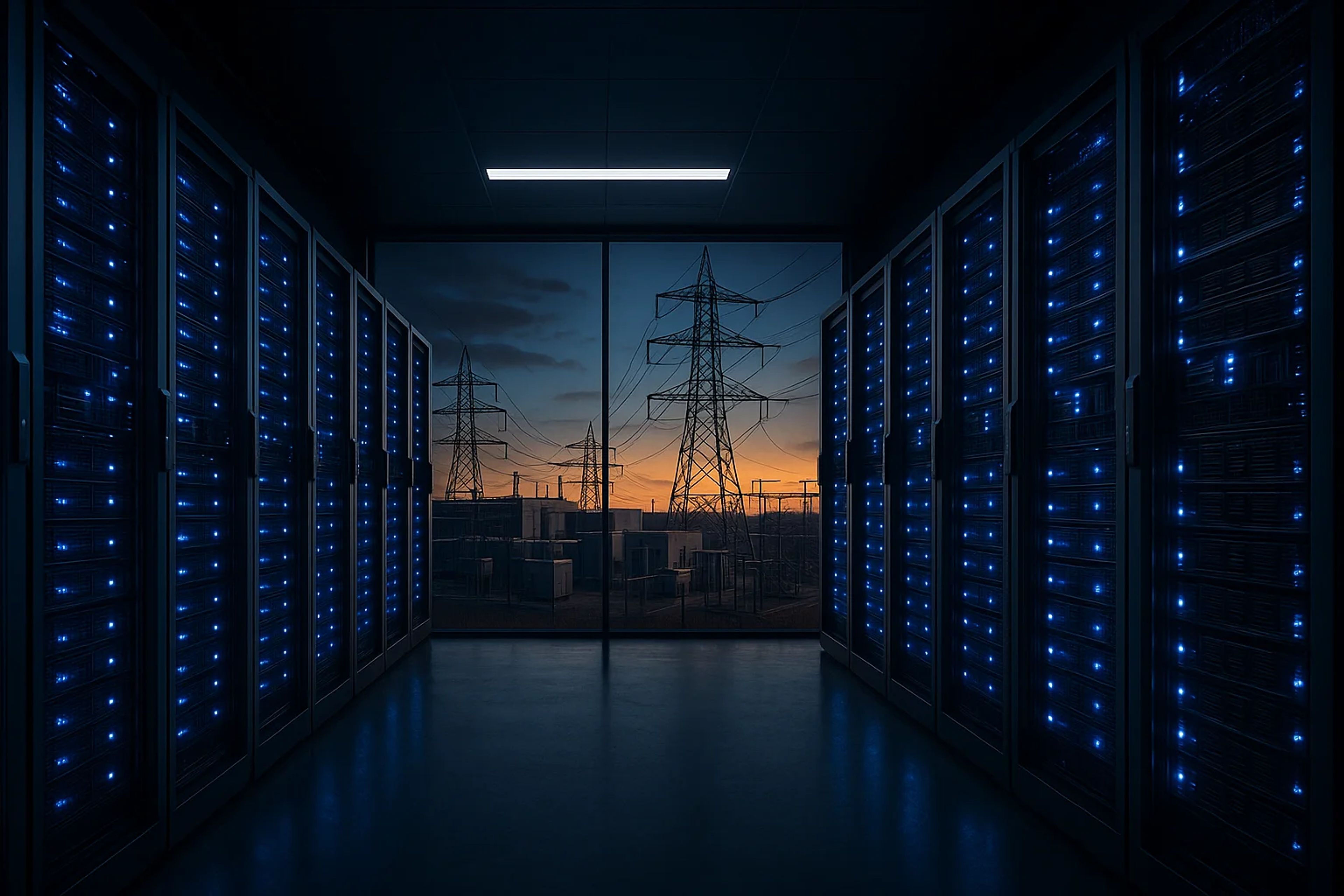 Data center with blue-lit server racks and sunset