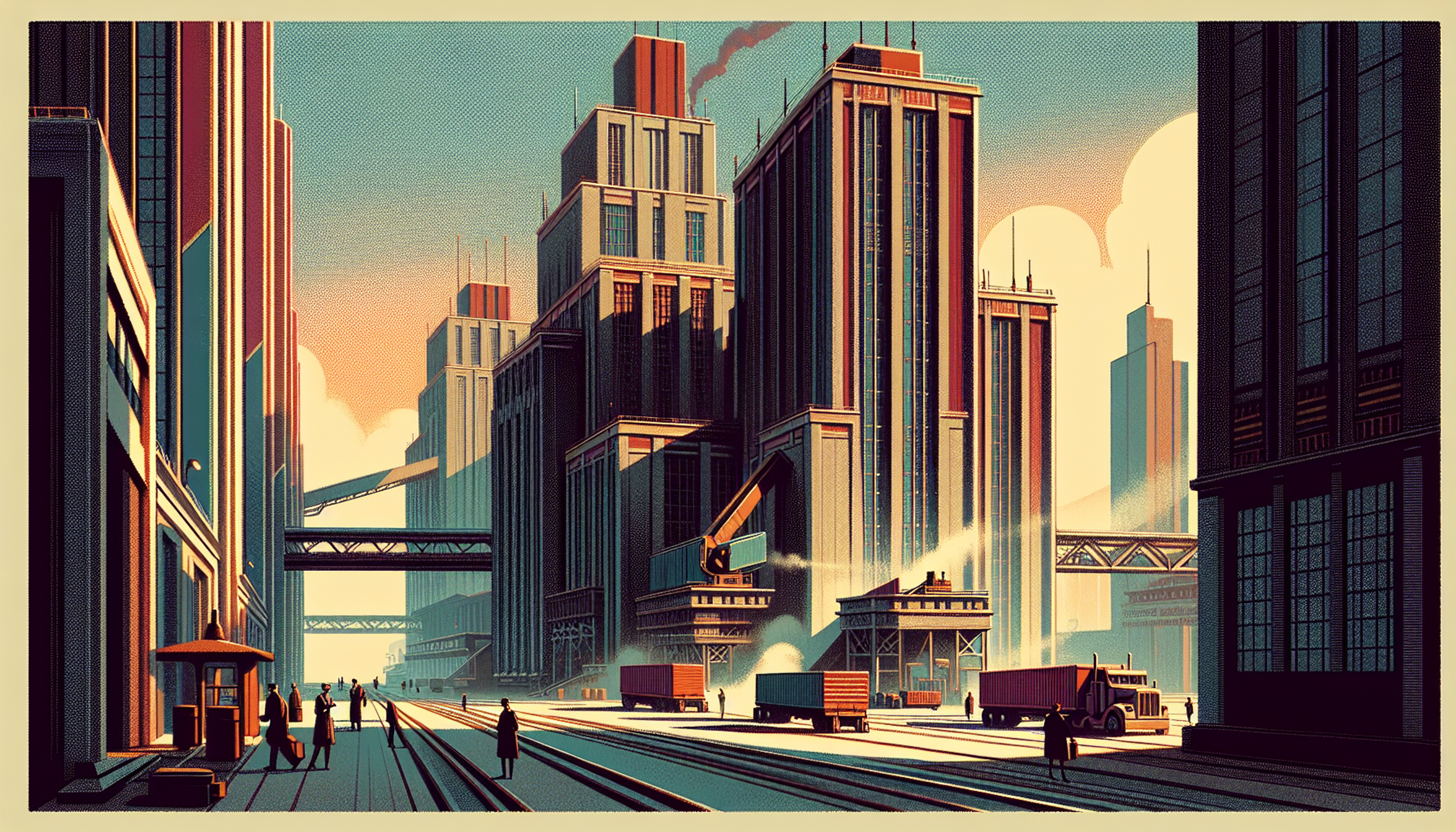 Stylized cityscape with tall buildings and cranes