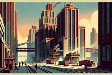 Stylized cityscape with tall buildings and cranes