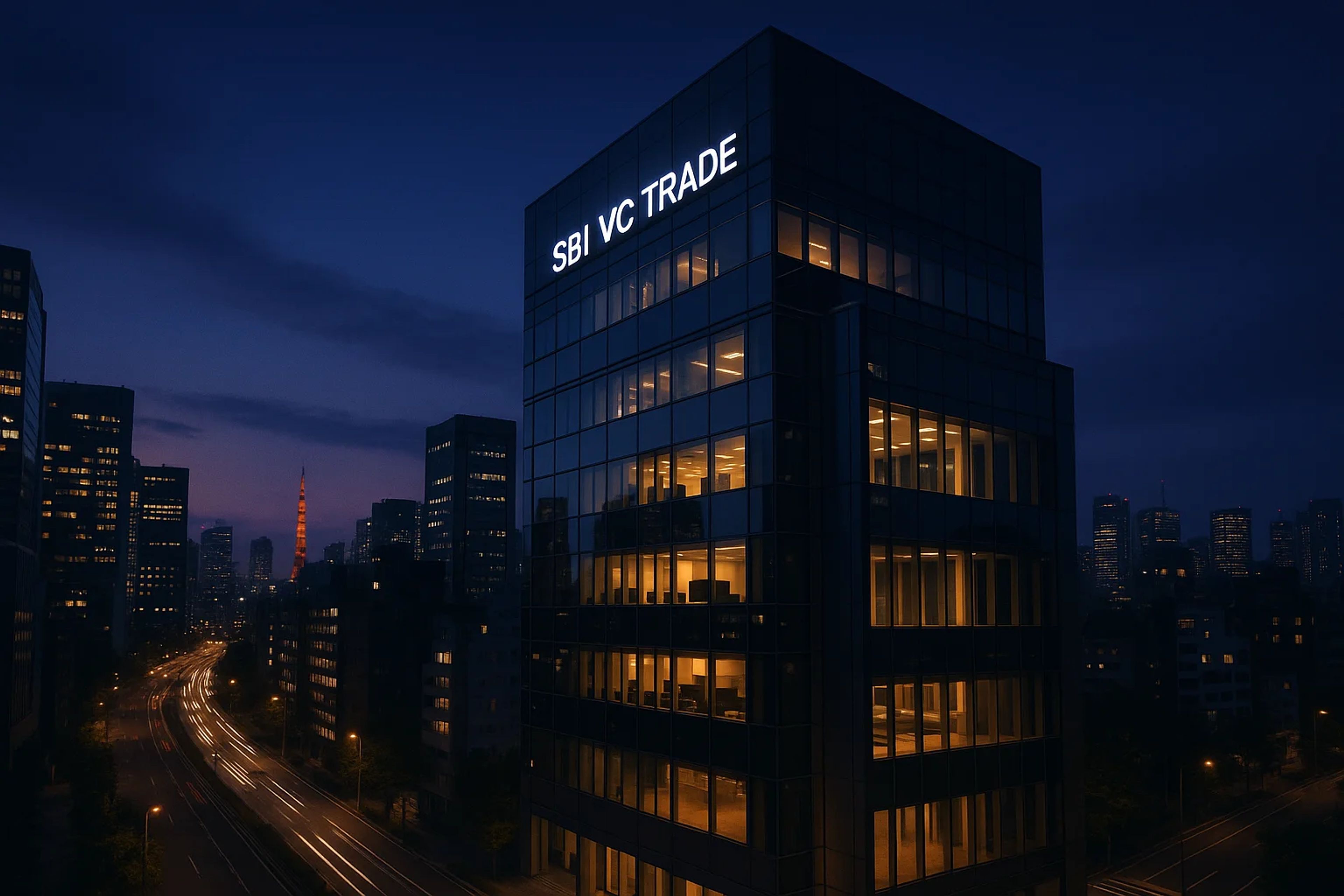 Modern building illuminated at dusk with city