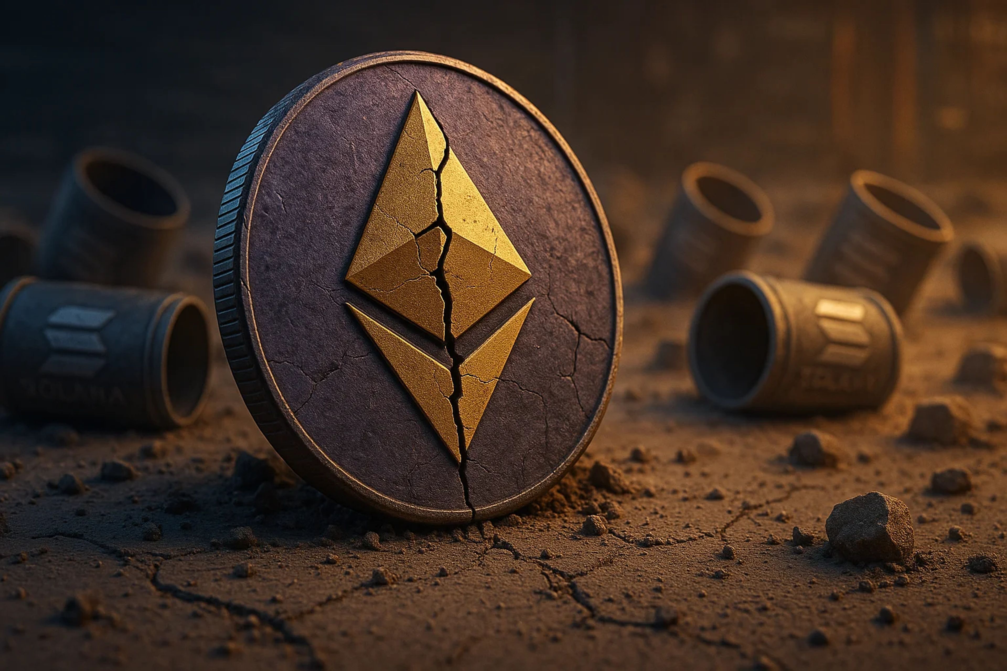 A cracked Ethereum coin on a dusty surface with