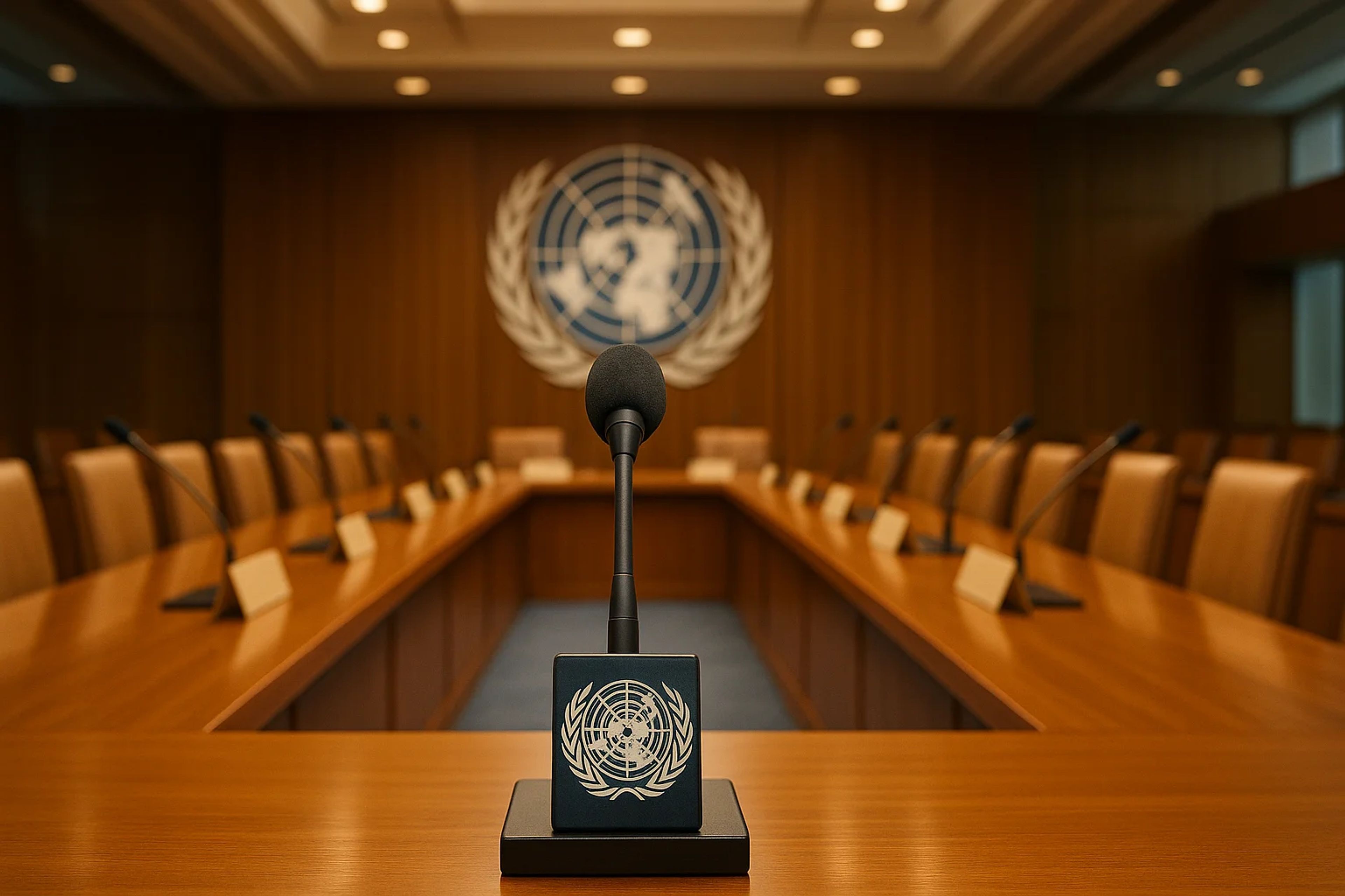Conference room with a microphone and UN emblem