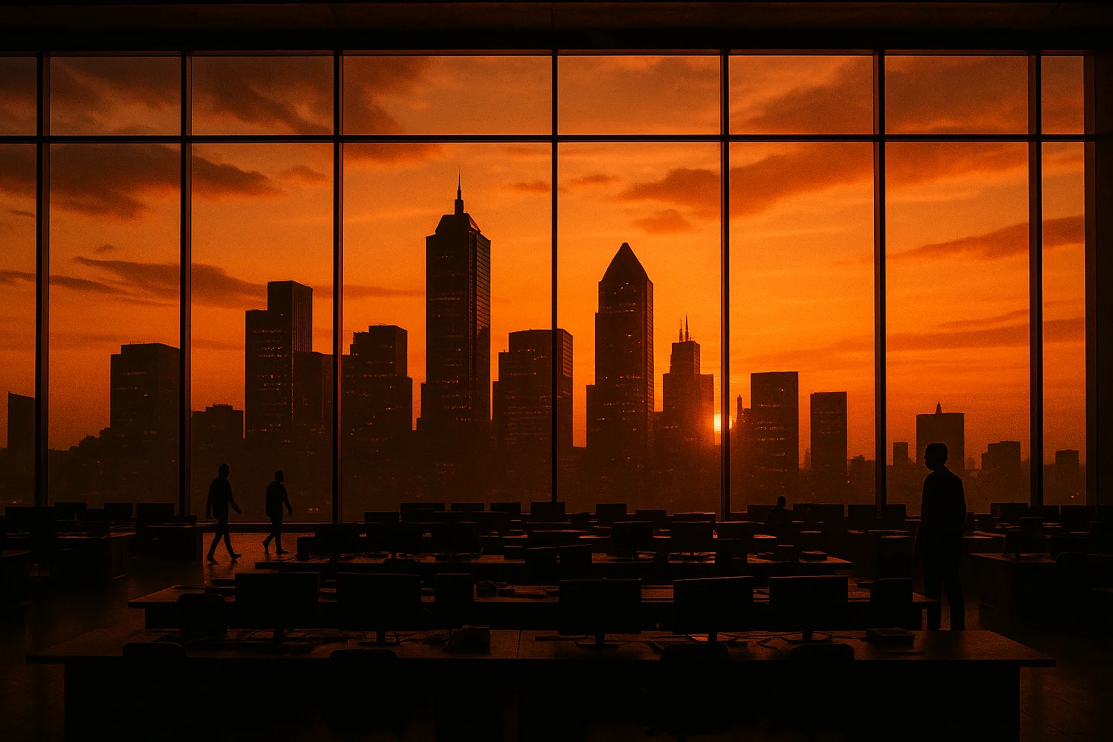 Silhouetted city skyline at sunset with figures