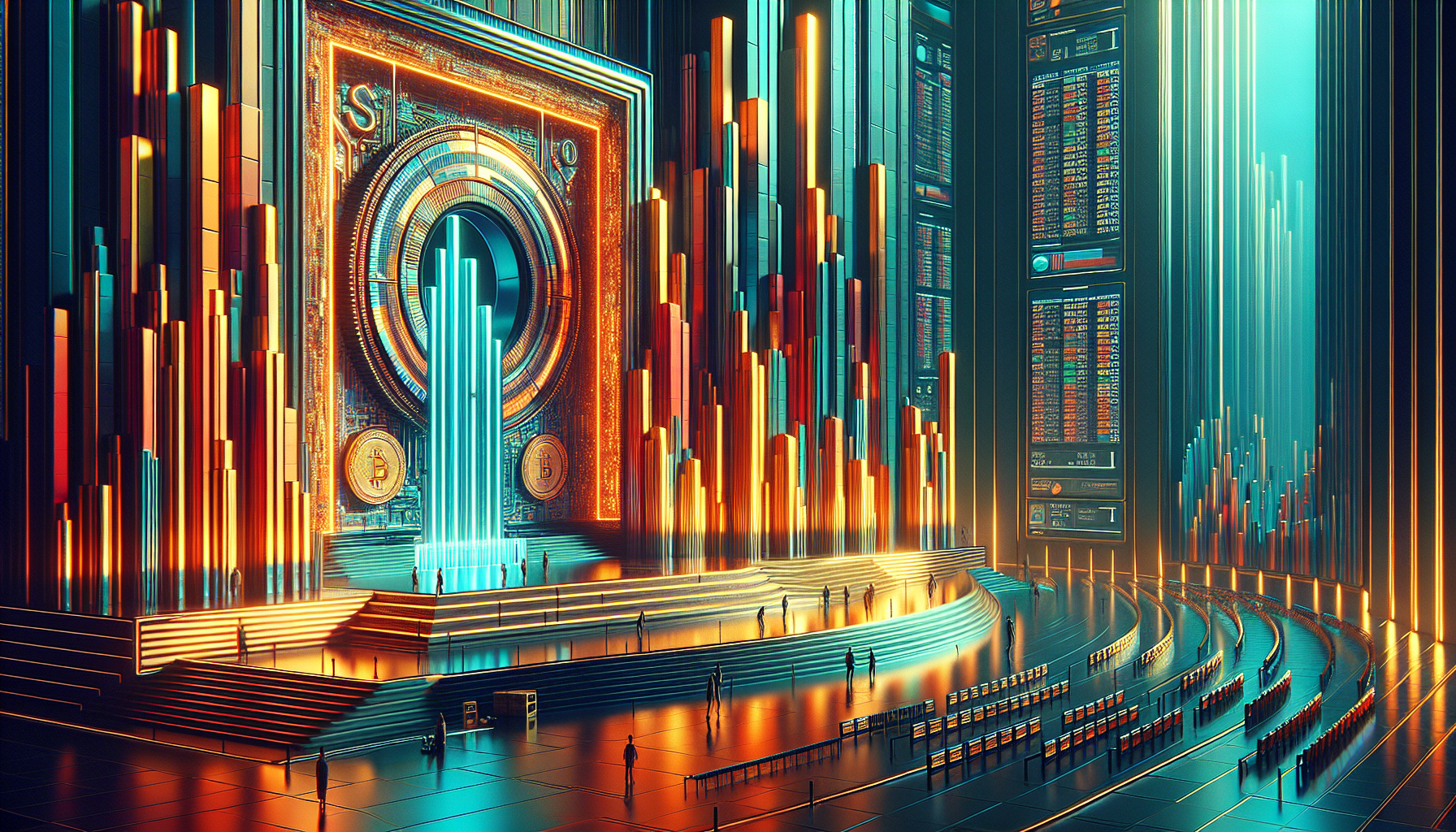 Futuristic hall with glowing pillars and a