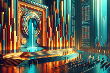 Futuristic hall with glowing pillars and a