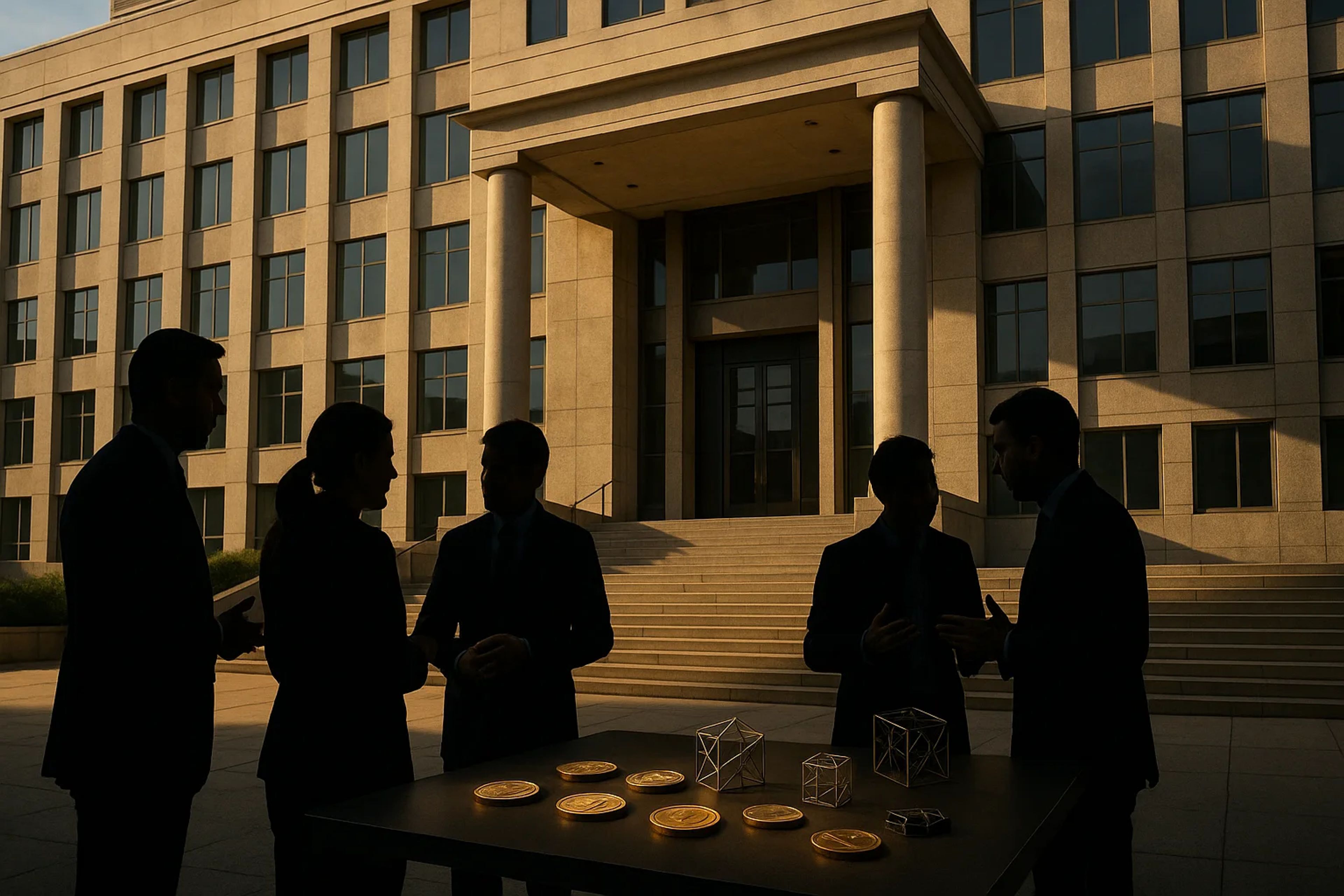 Silhouetted figures discussing around a table