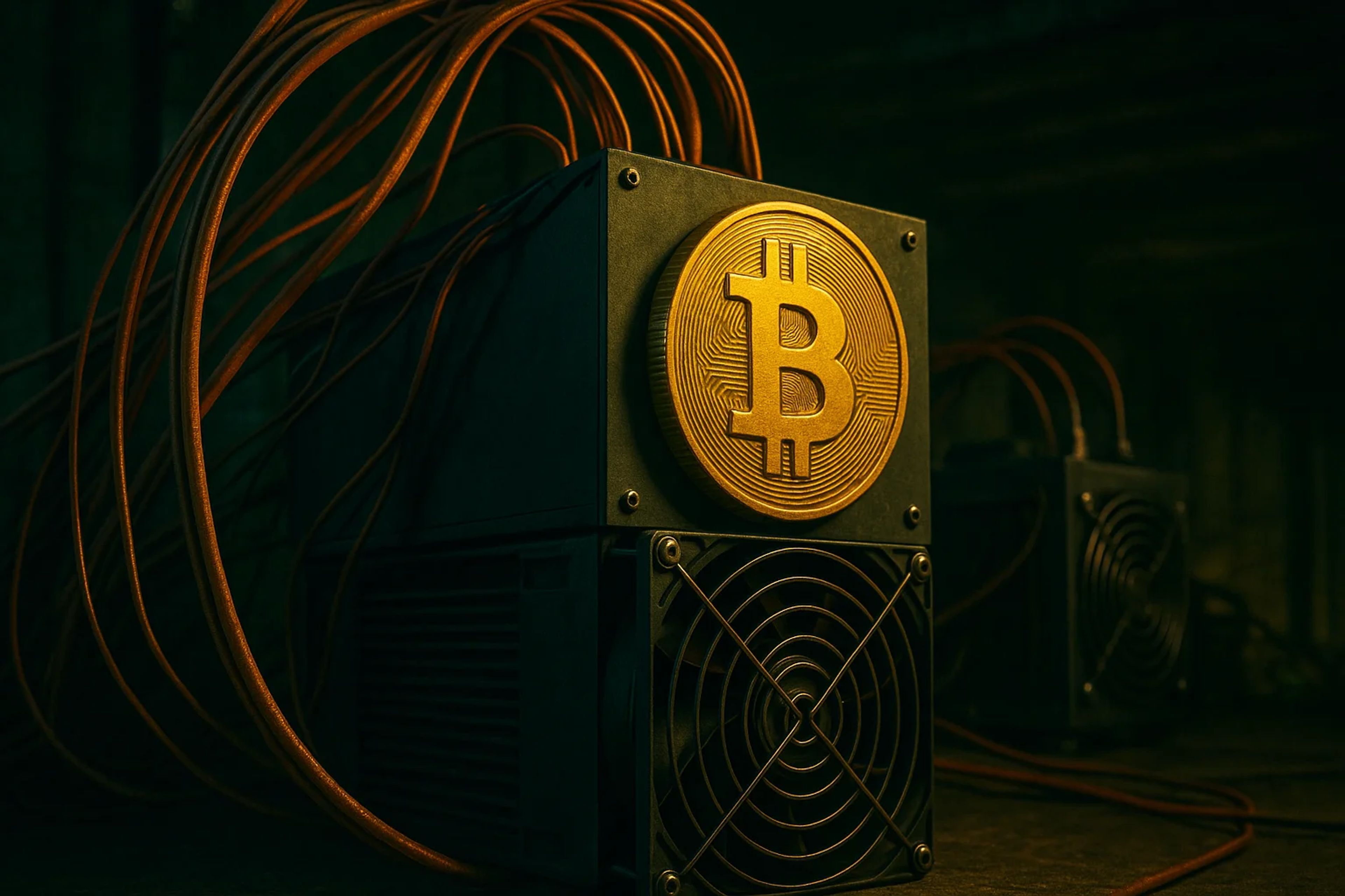 Bitcoin mining equipment with cables and a logo