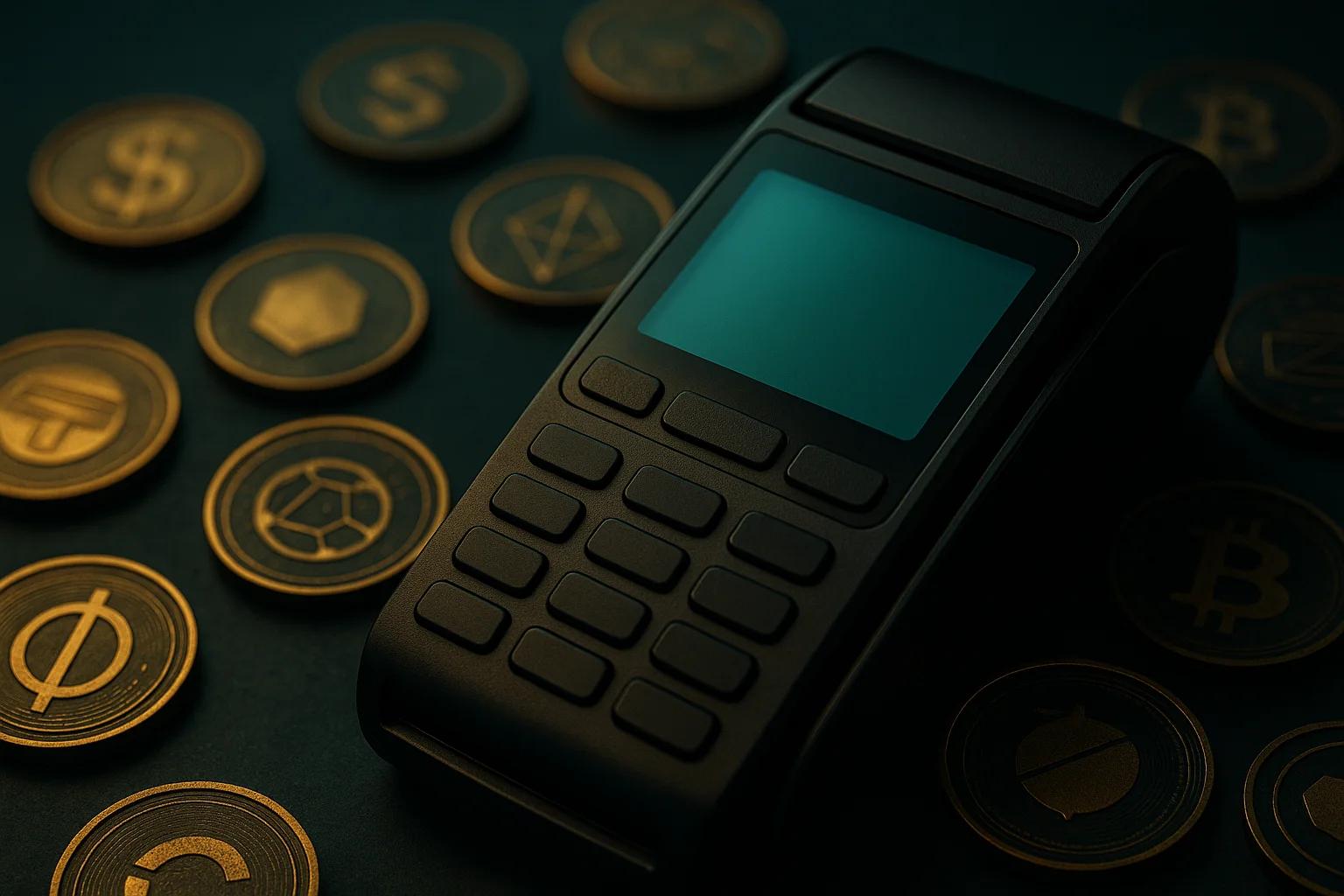 A black payment terminal surrounded by golden