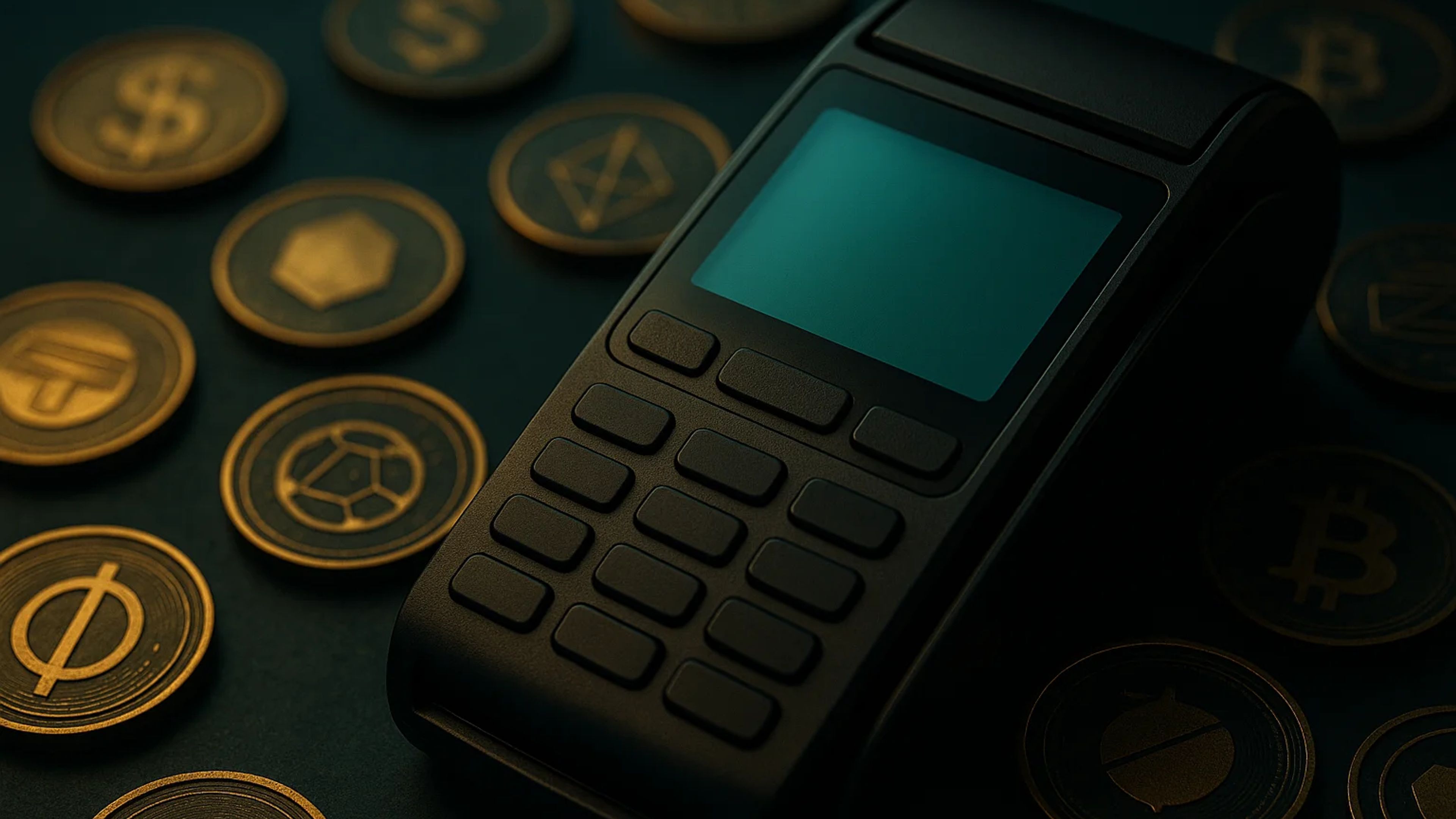 A black payment terminal surrounded by golden