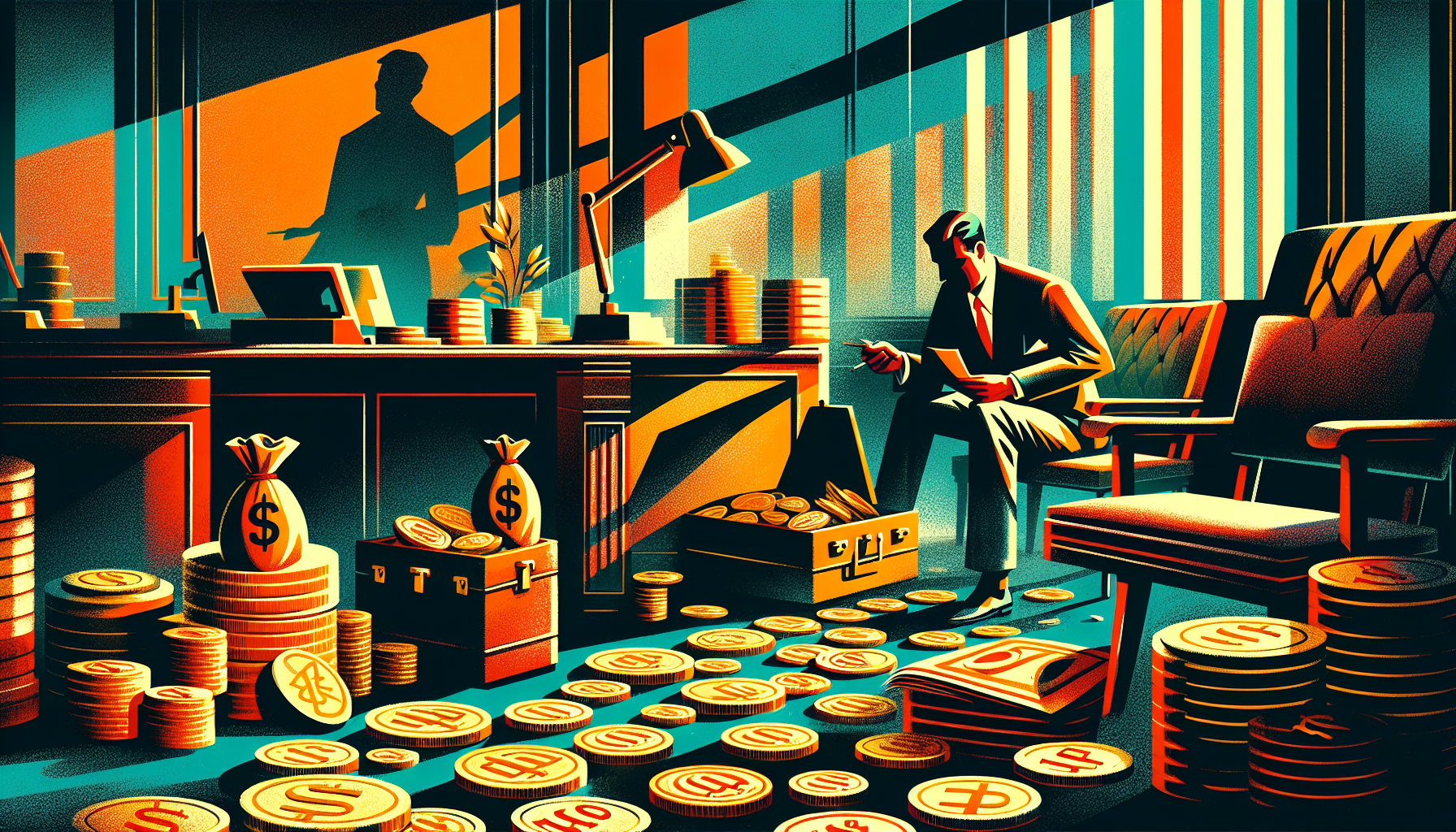 A dimly lit office with a man sitting among