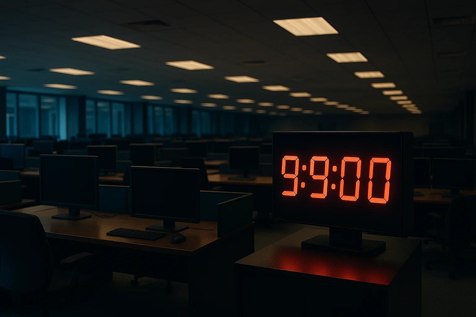 Dimly lit office with empty desks and a digital
