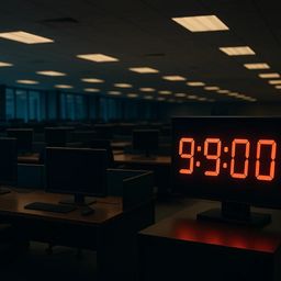 Dimly lit office with empty desks and a digital
