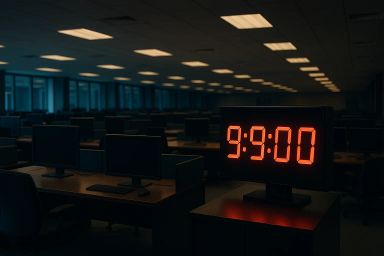 Dimly lit office with empty desks and a digital