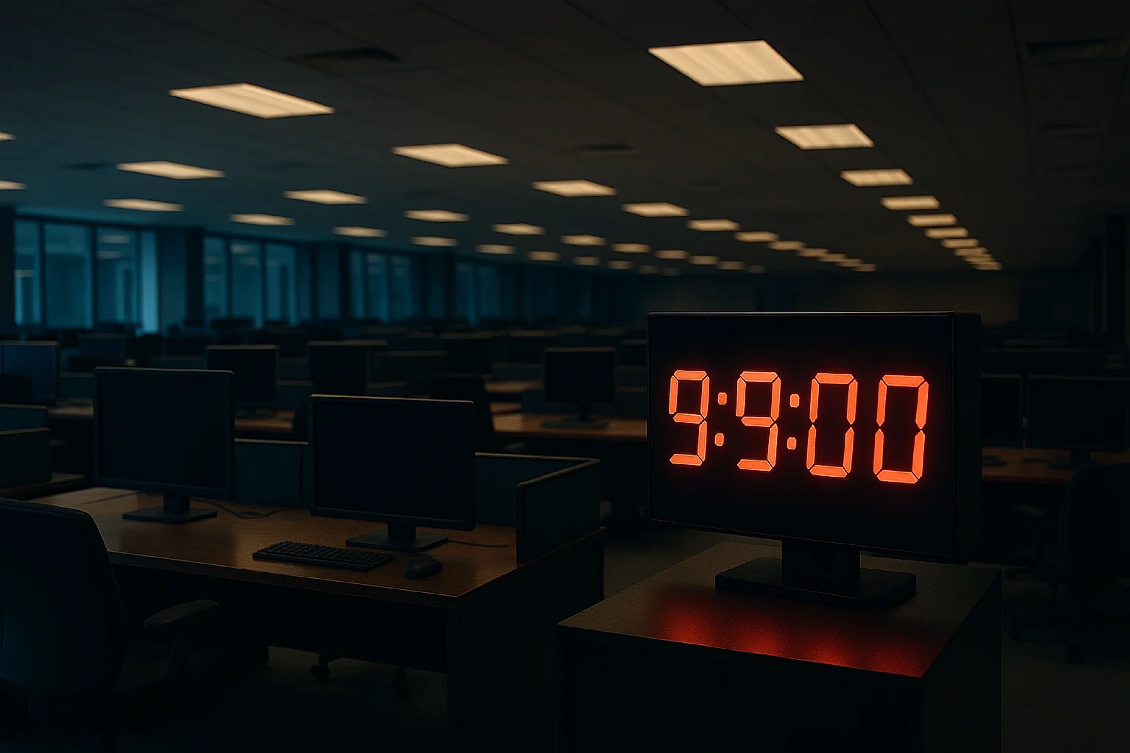 Dimly lit office with empty desks and a digital