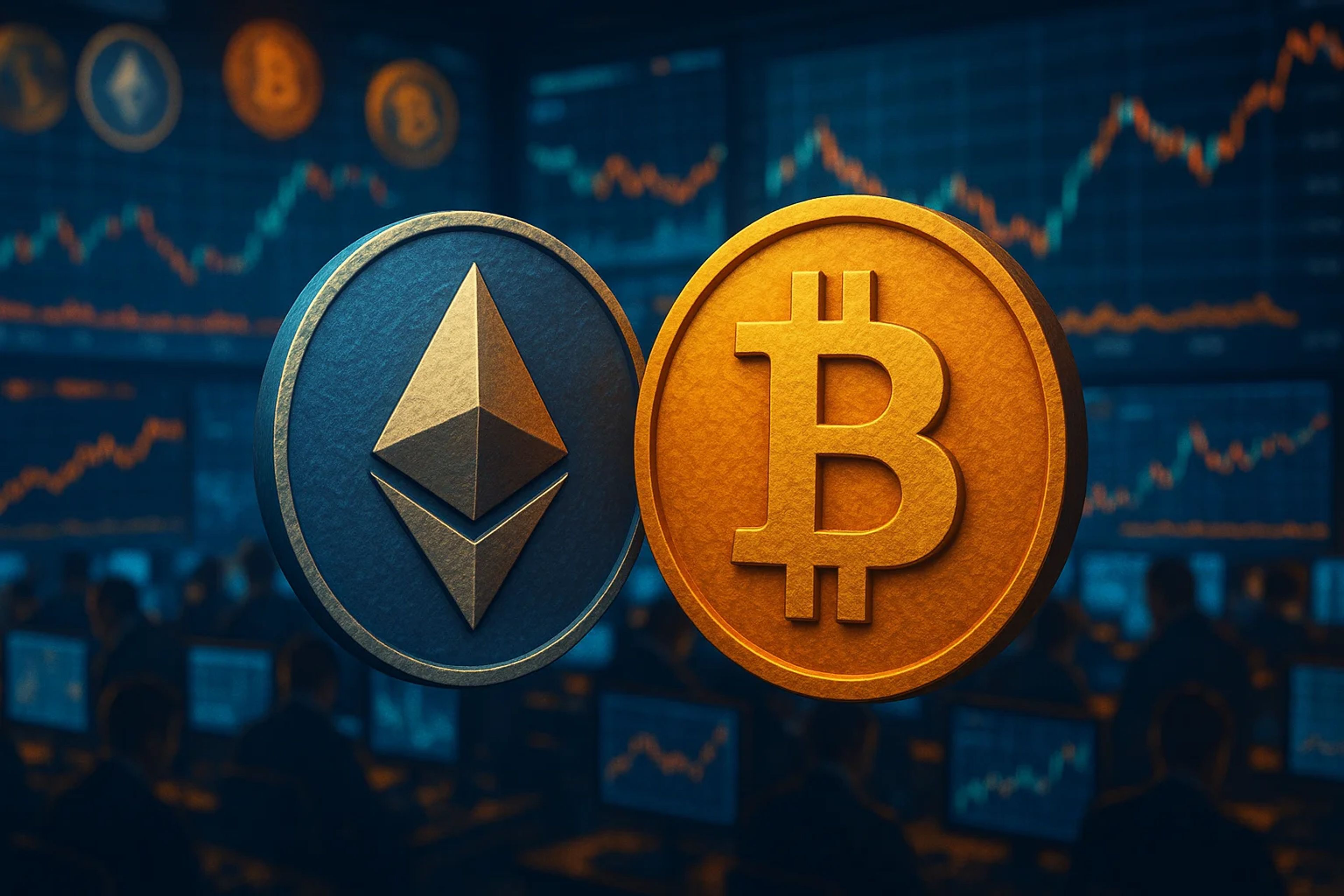 Two cryptocurrency coins, one blue and one