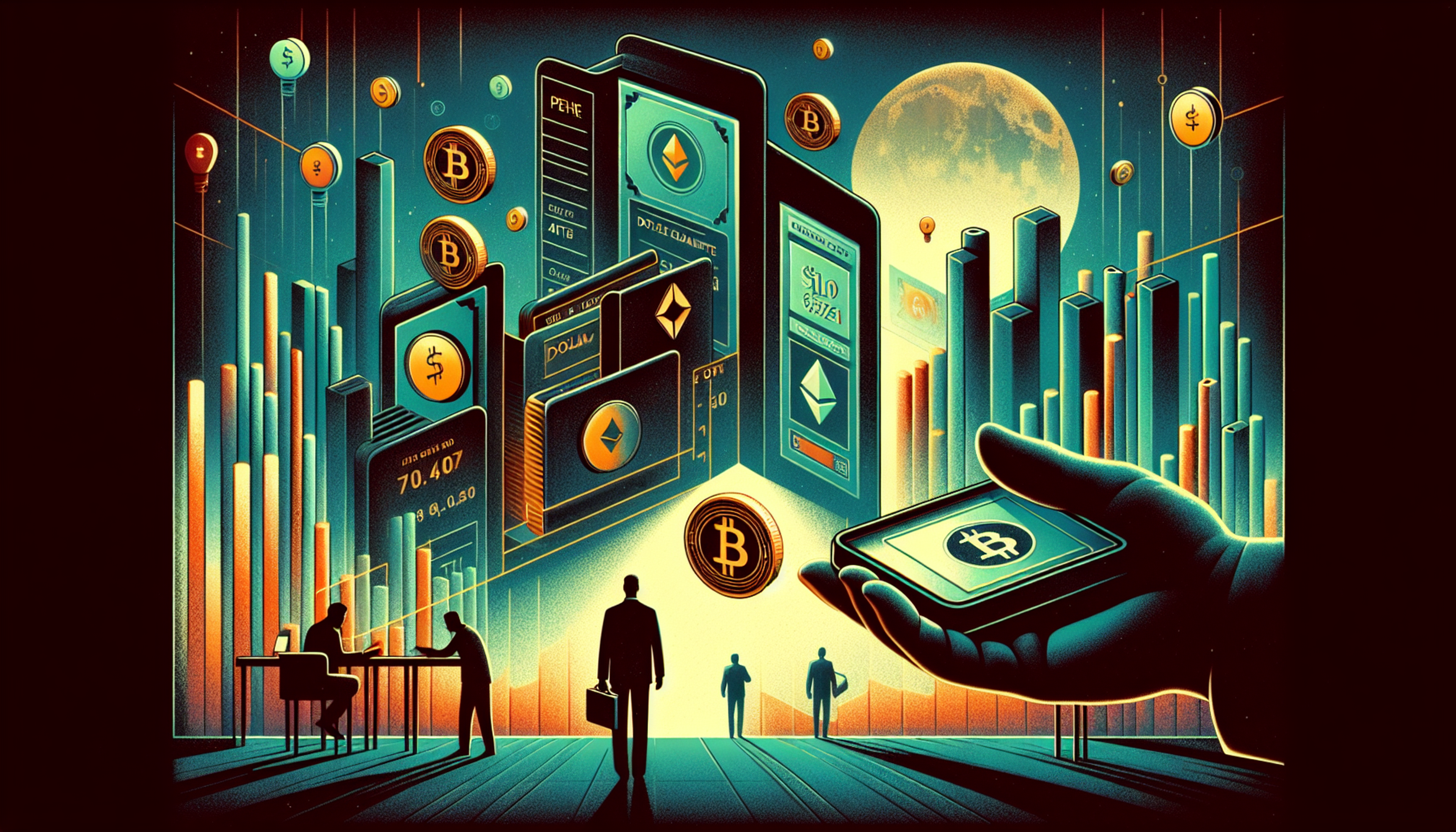 Silhouetted figures in a digital landscape with