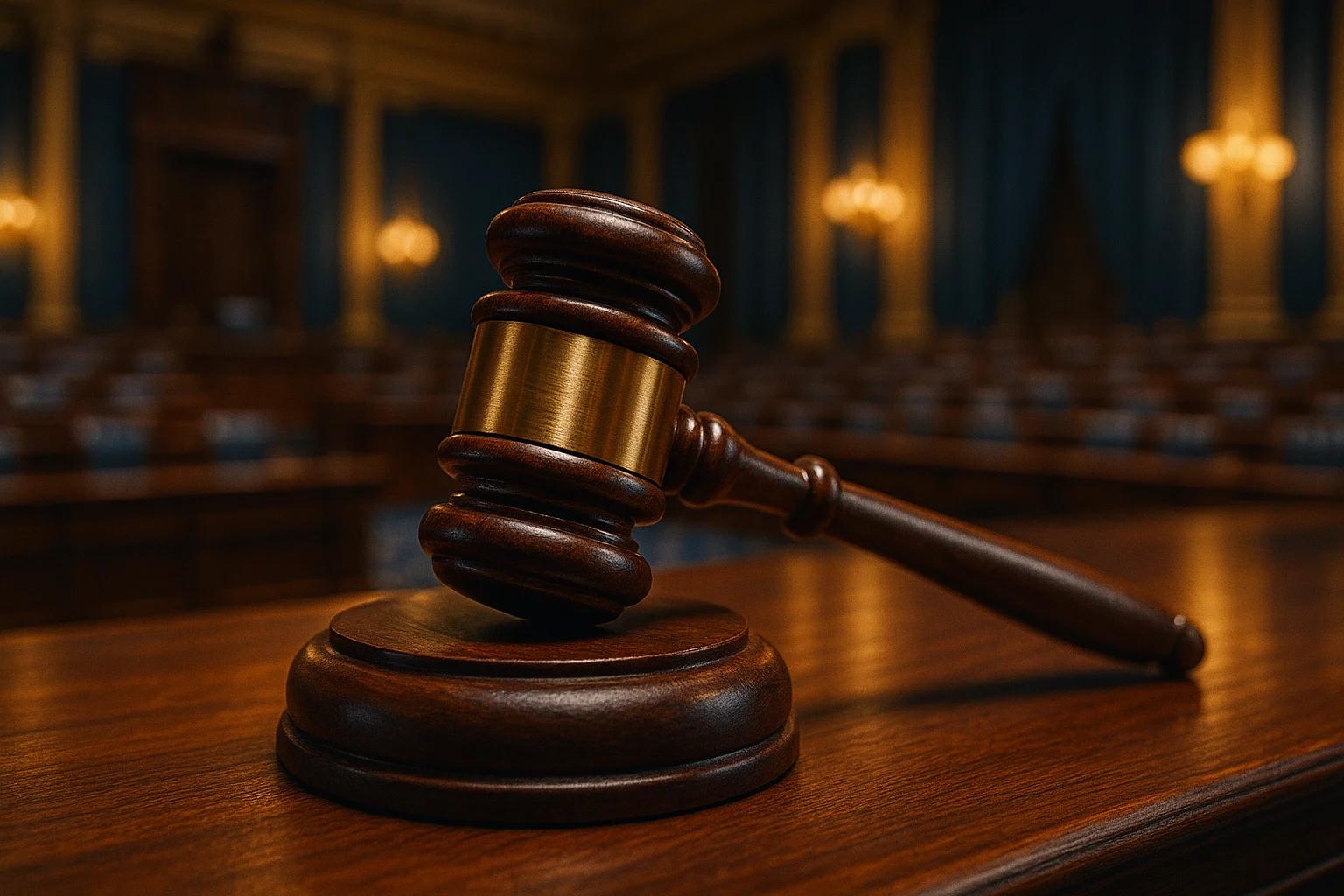 Wooden gavel on a polished table in a courtroom