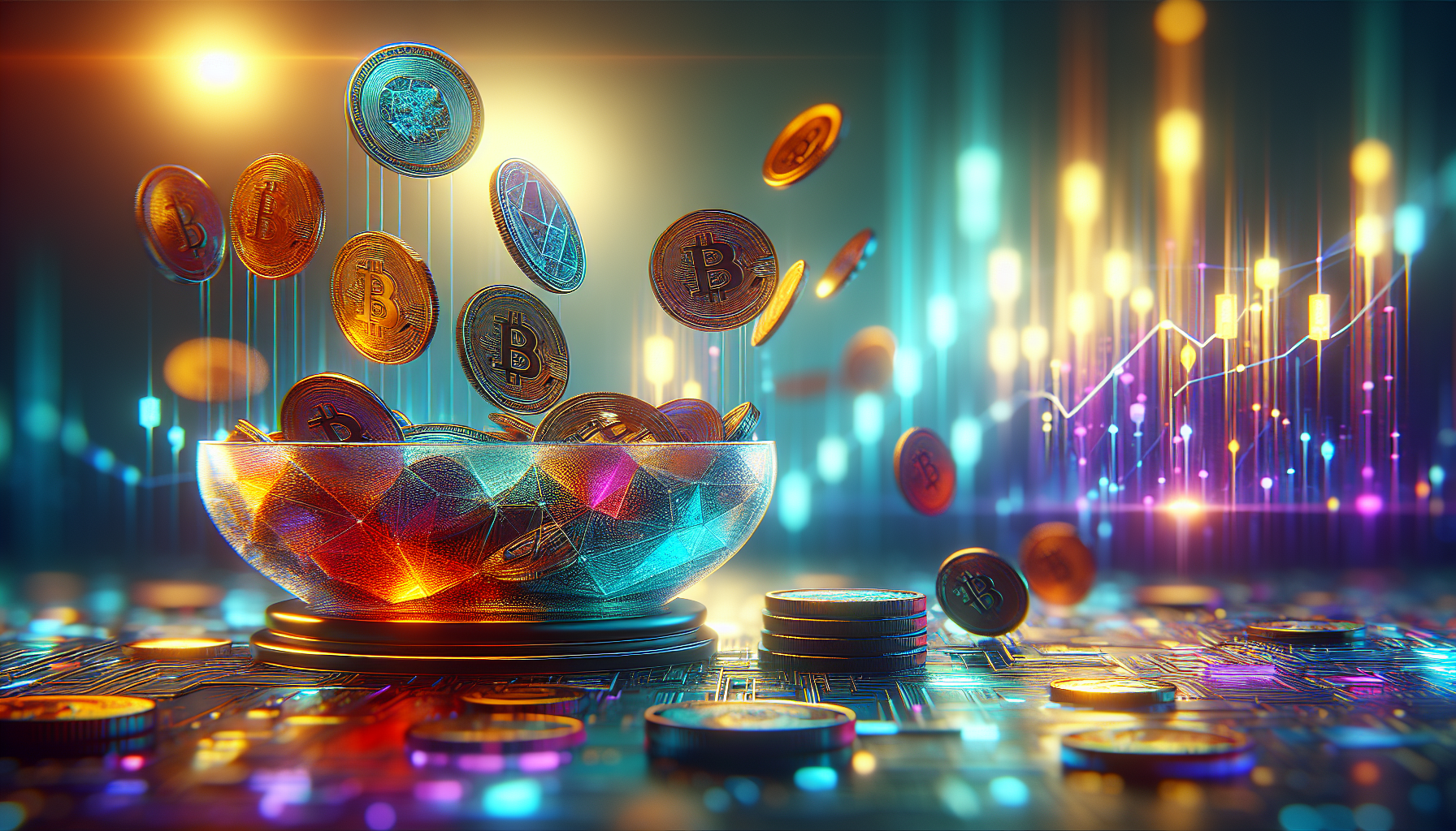 A bowl filled with floating coins, glowing charts