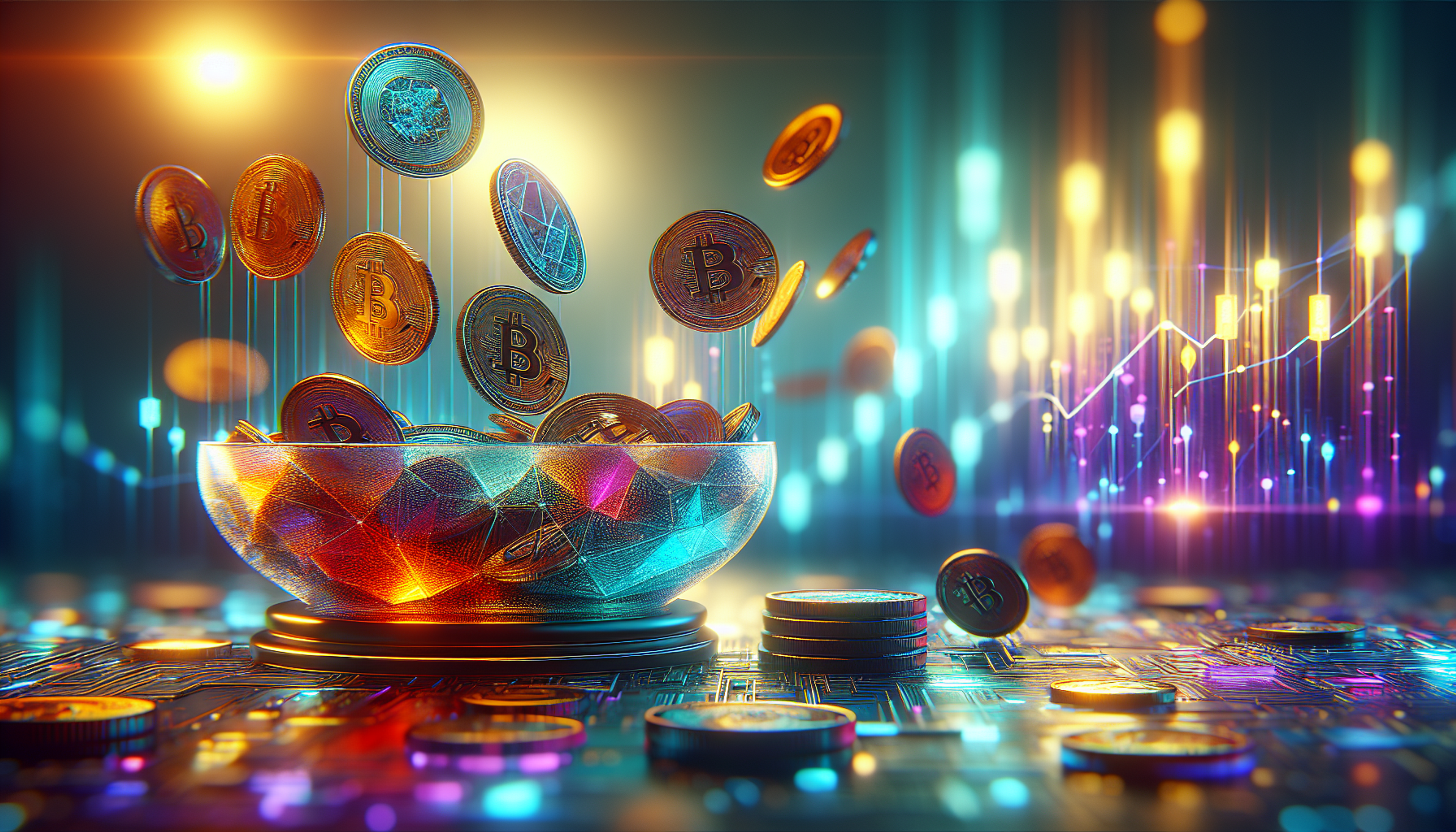 A bowl filled with floating coins, glowing charts