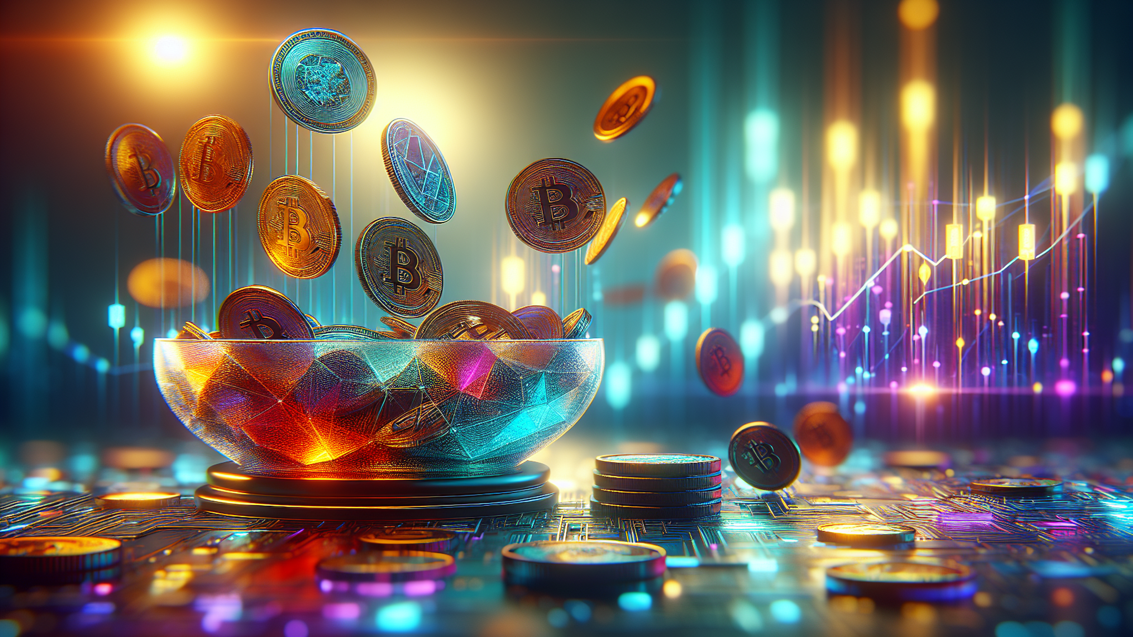 A bowl filled with floating coins, glowing charts