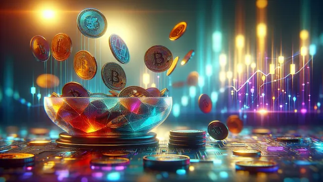 A bowl filled with floating coins, glowing charts