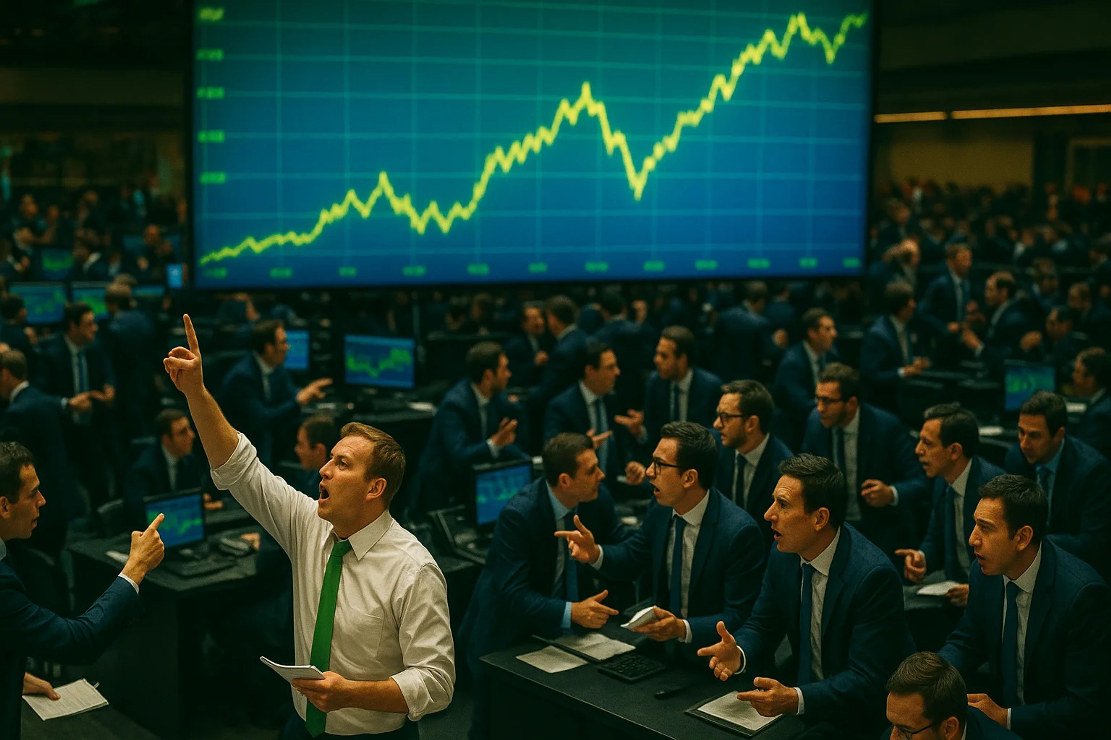 A crowded trading floor with multiple traders in