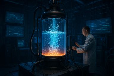 A scientist in a lab coat monitors a glowing tank