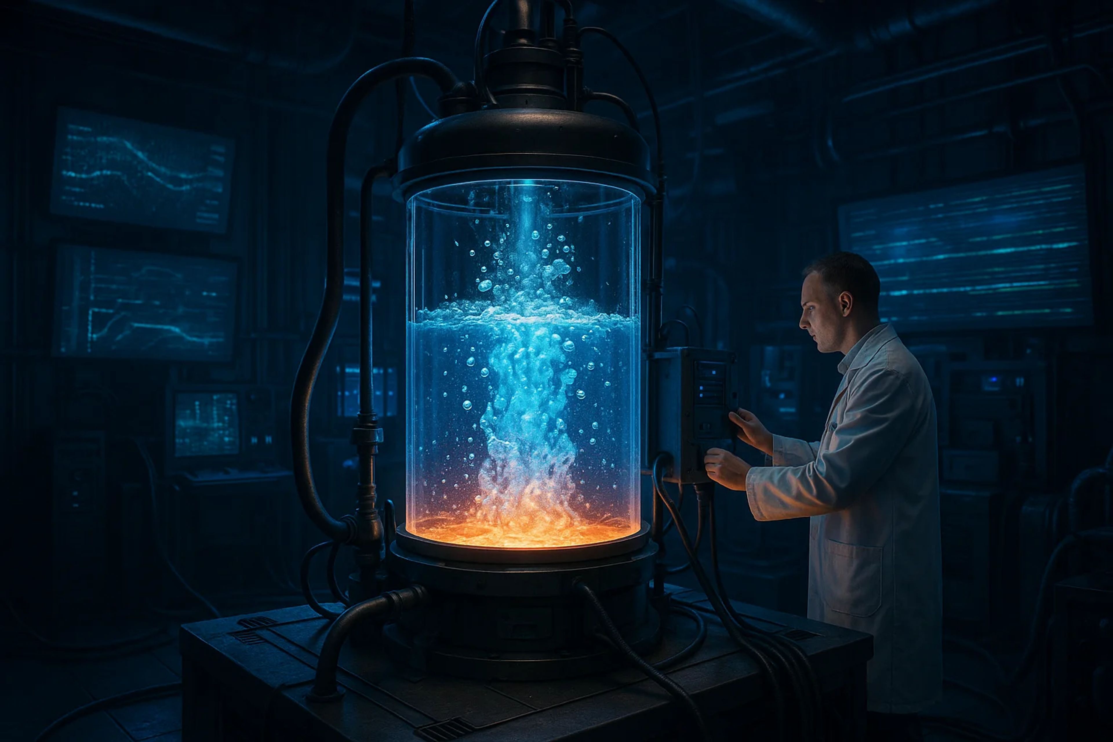 A scientist in a lab coat monitors a glowing tank