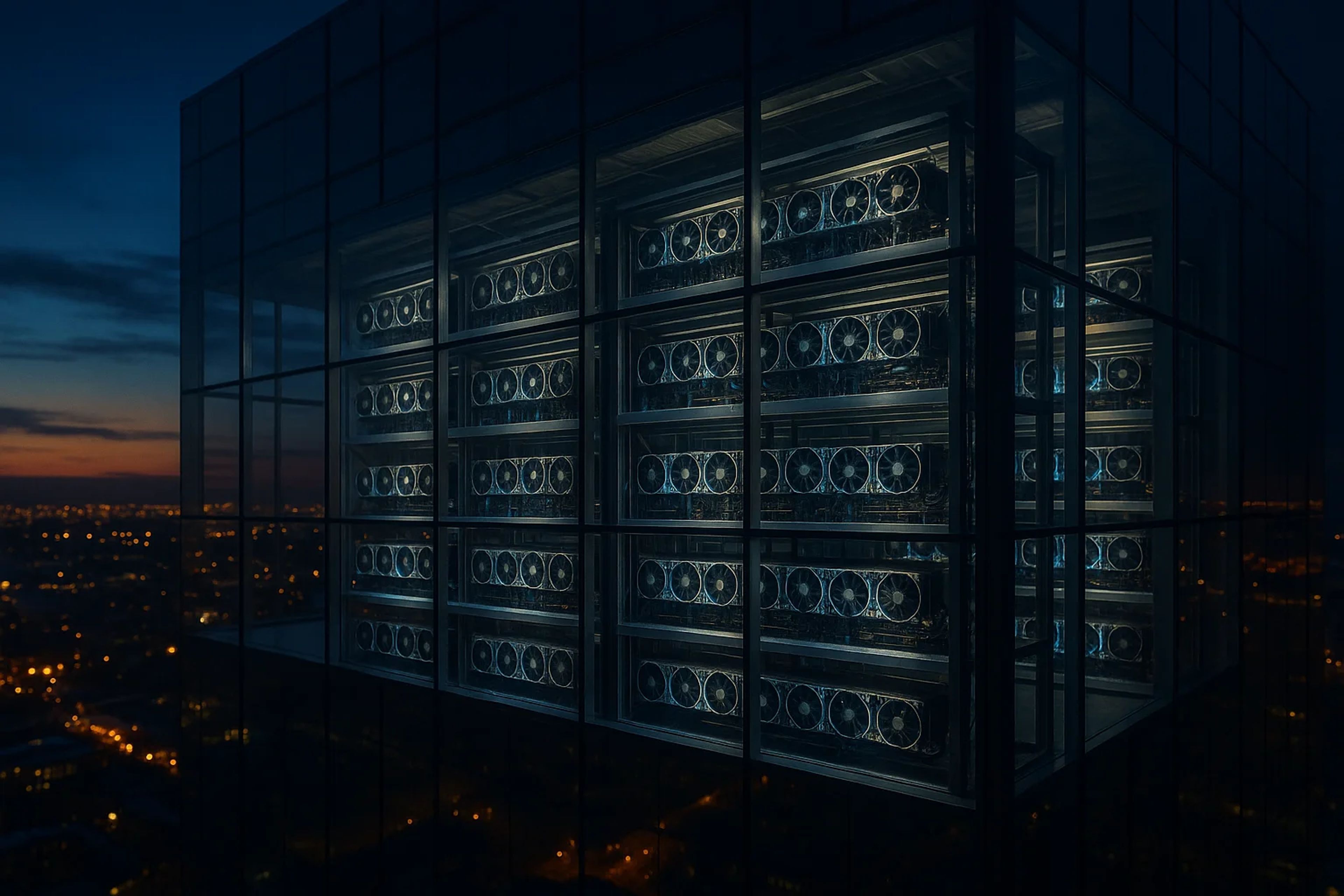 A high-tech server room illuminated at dusk
