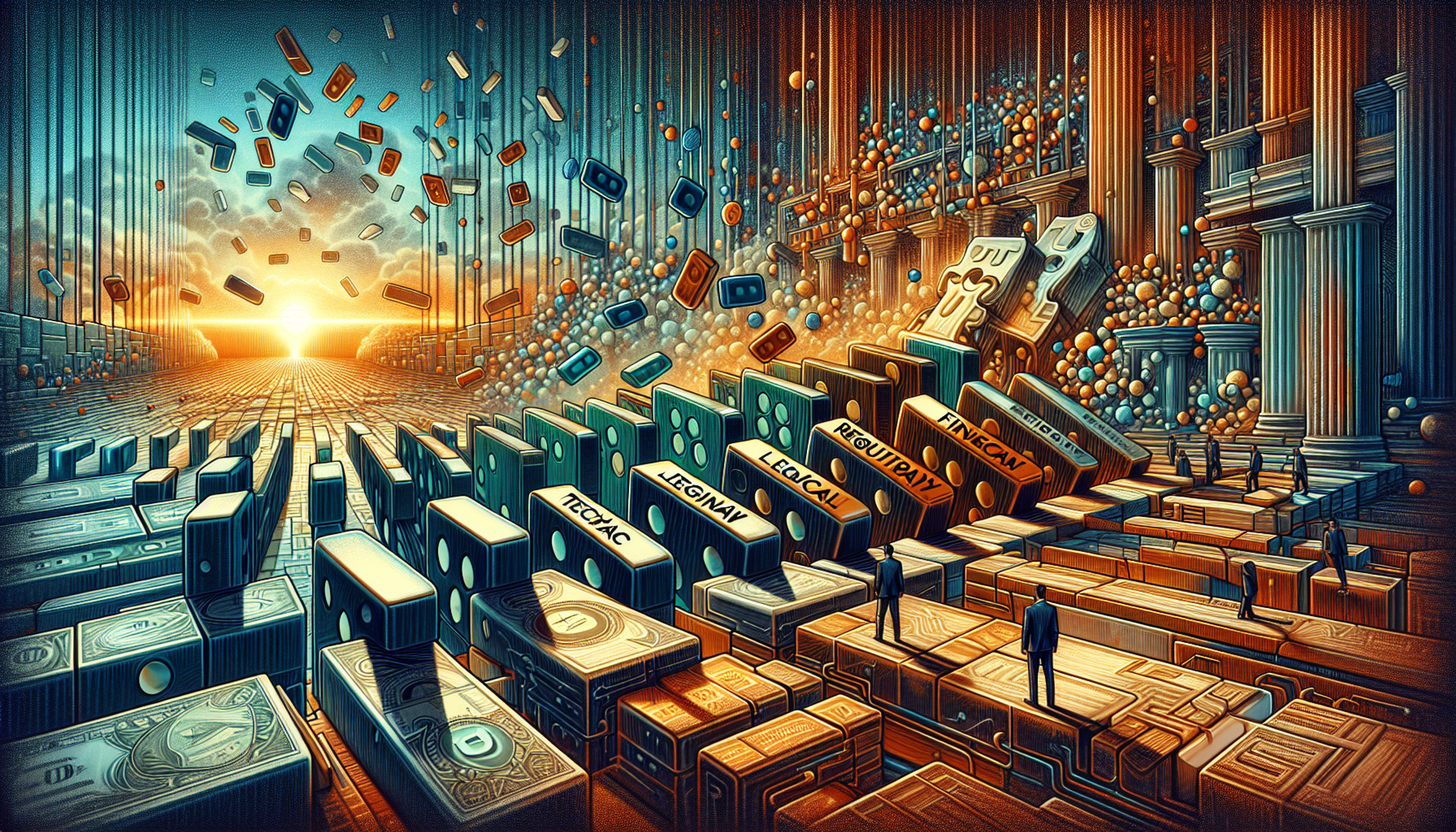 Colorful abstract scene with falling dominoes and