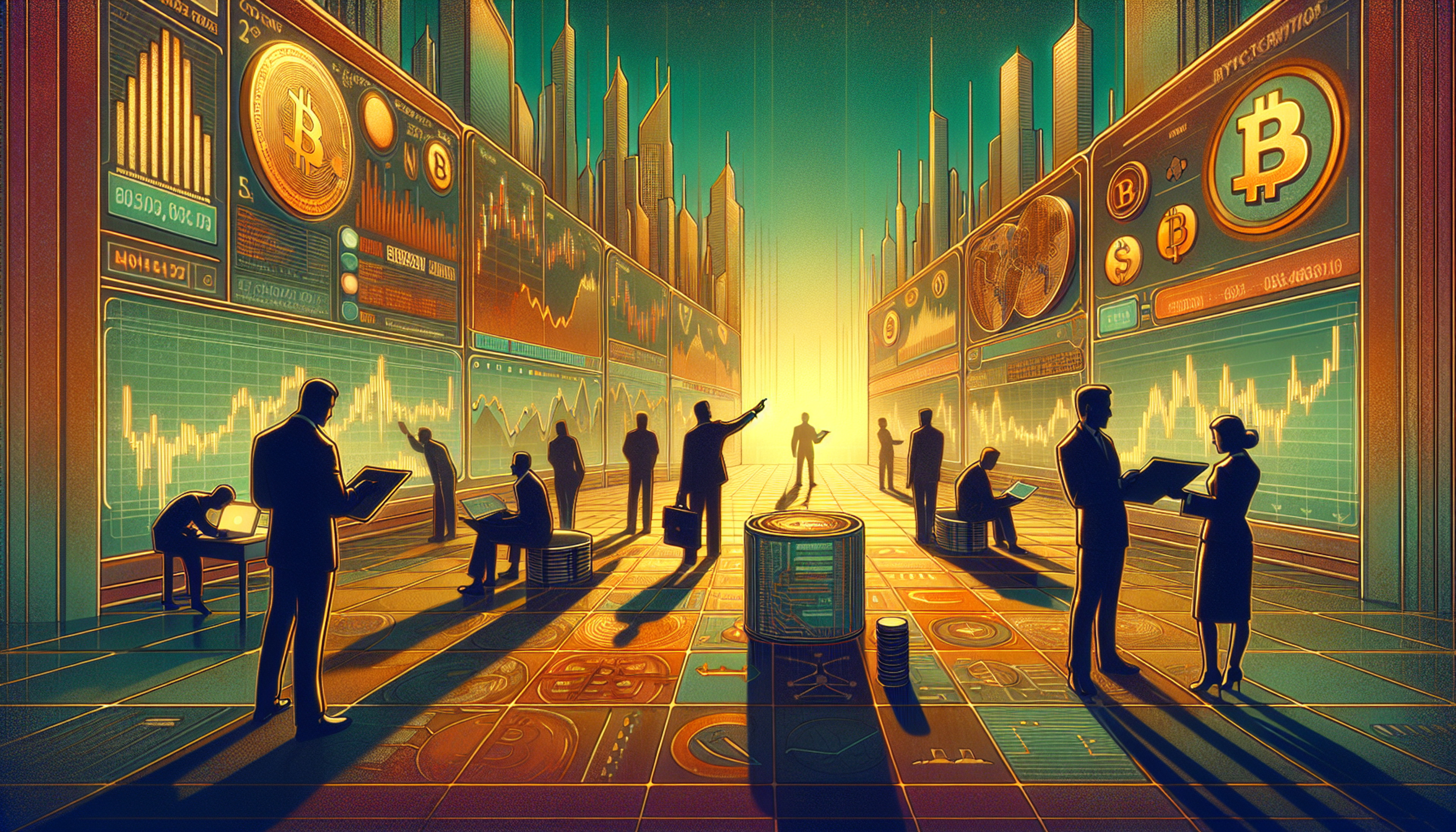 Silhouettes of people in a futuristic trading room