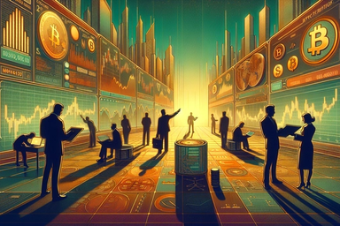 Silhouettes of people in a futuristic trading room