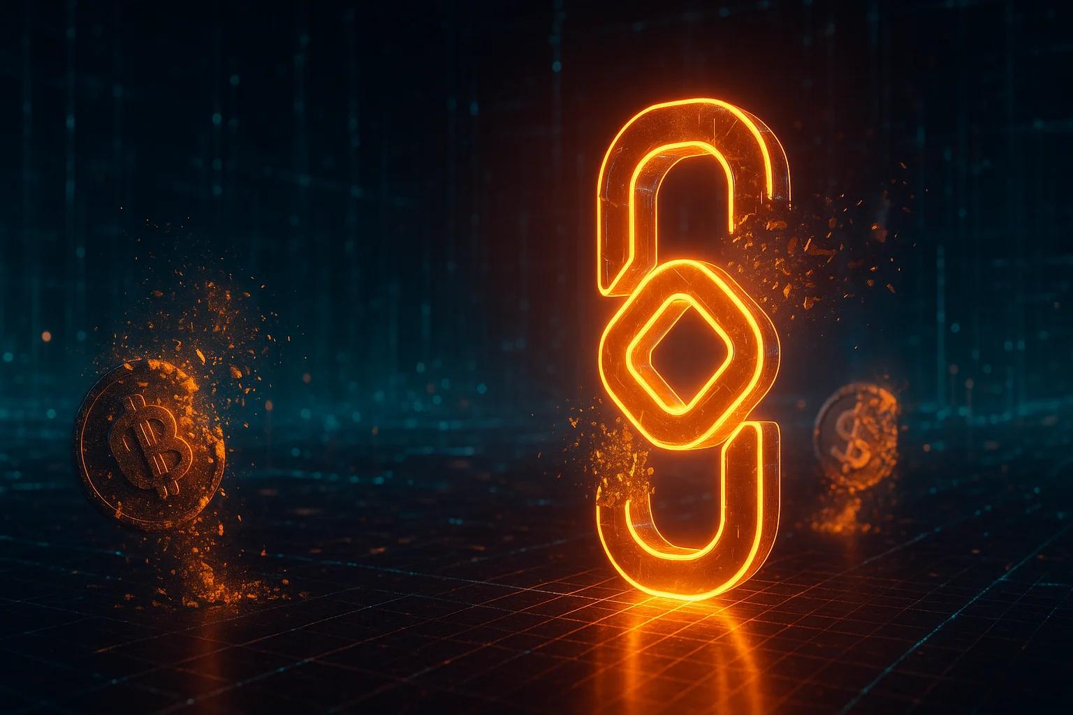 Glowing orange blockchain symbol with floating