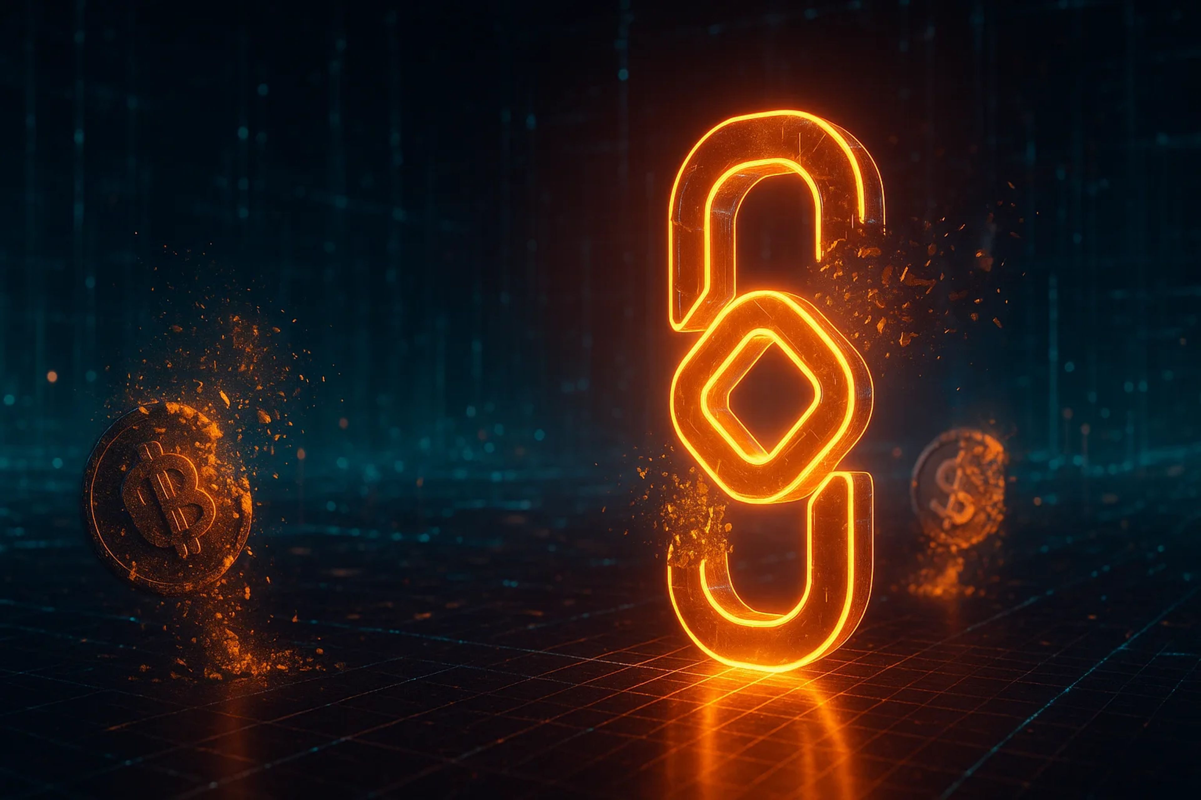 Glowing orange blockchain symbol with floating