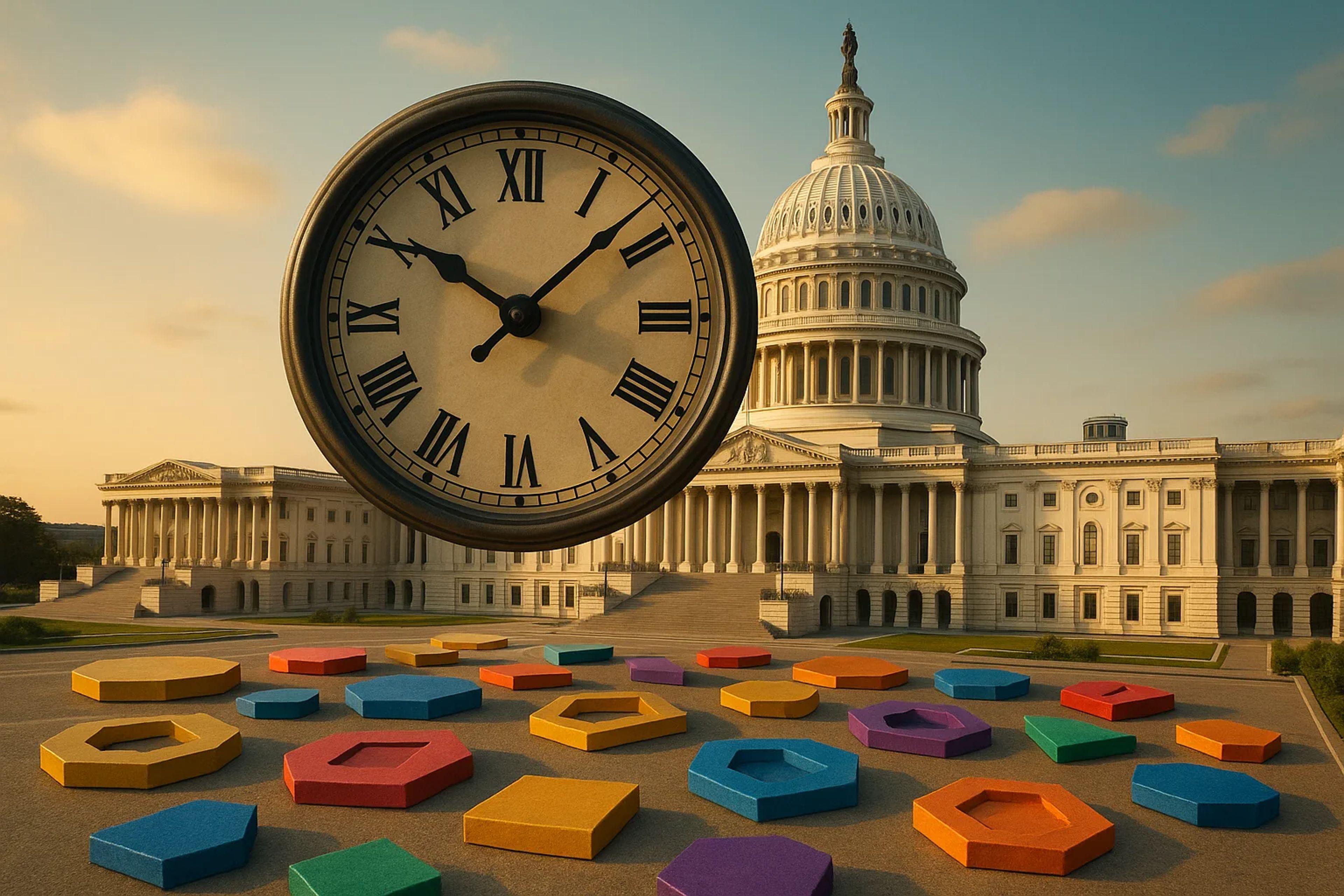 Large clock in front of a government building