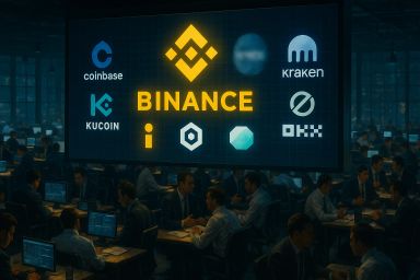 A dimly lit trading room with multiple screens