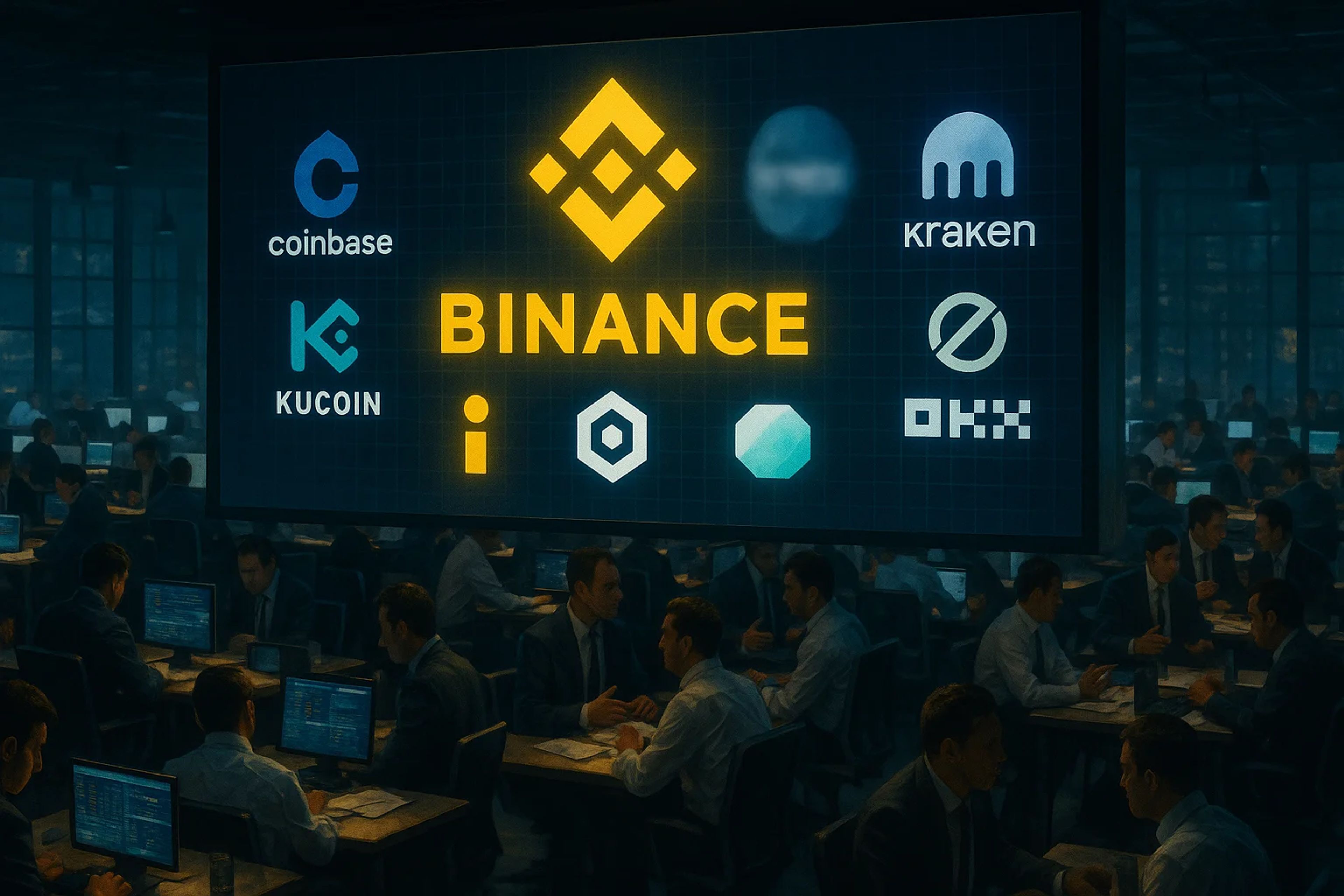 A dimly lit trading room with multiple screens