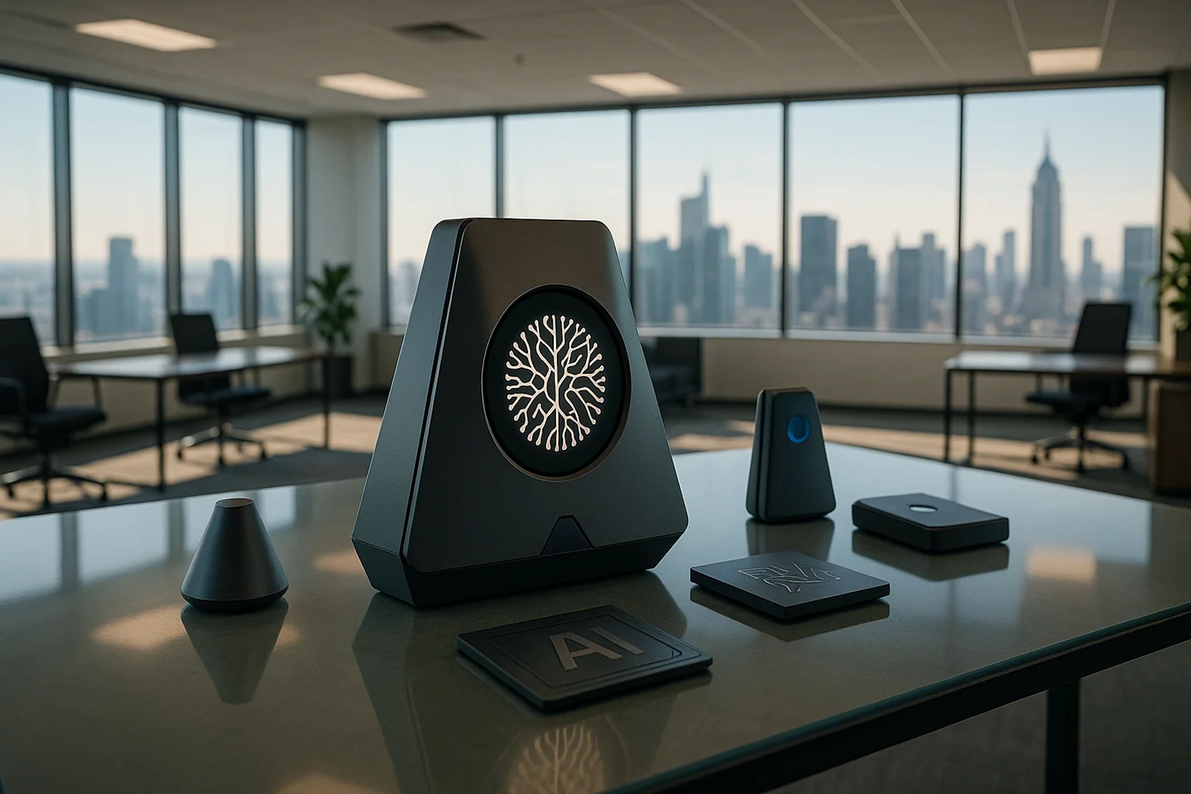Modern office with skyline view and tech devices