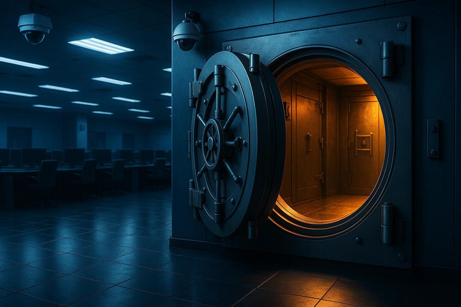 A large, open bank vault with warm lighting