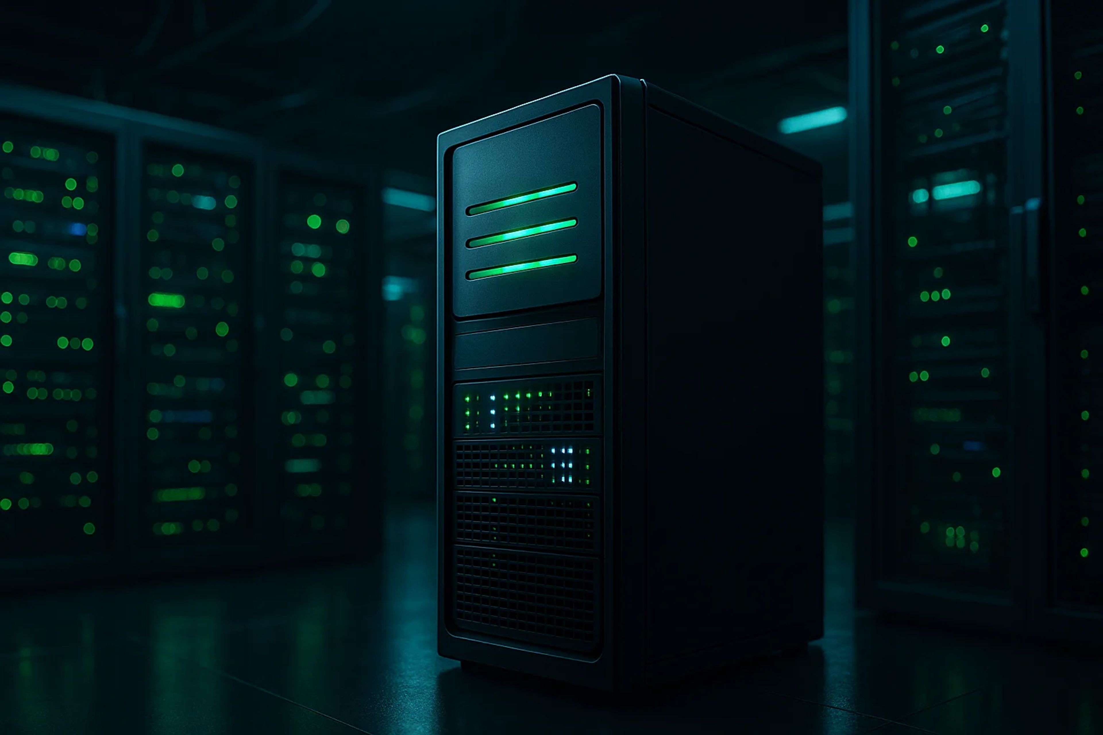A dark server room with a glowing green server