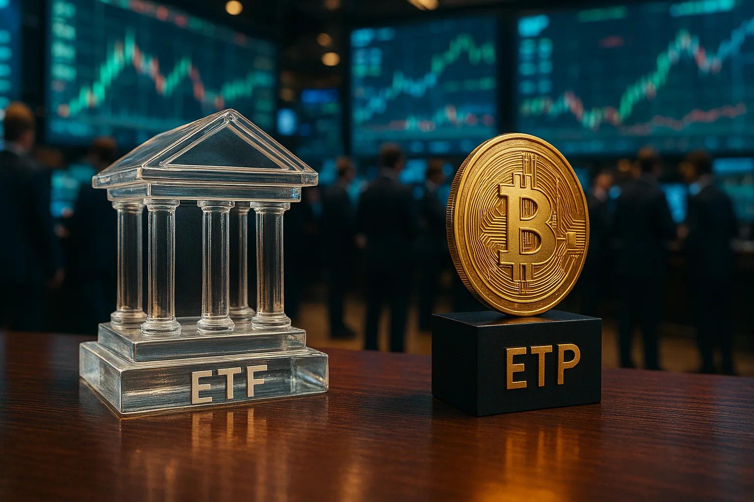 A transparent ETF structure beside a gold Bitcoin