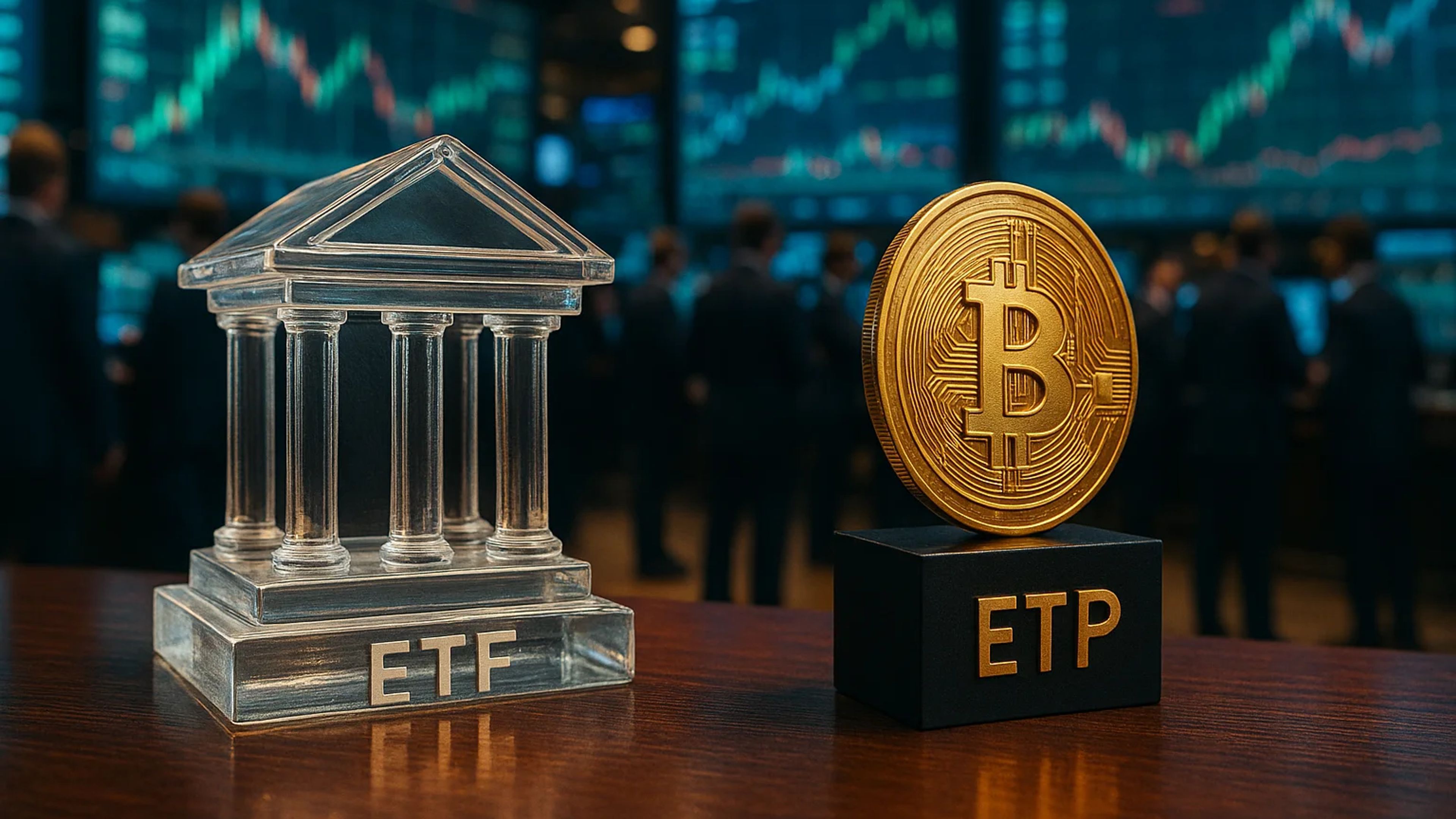 A transparent ETF structure beside a gold Bitcoin