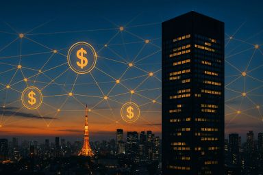 City skyline at dusk with a tower and network